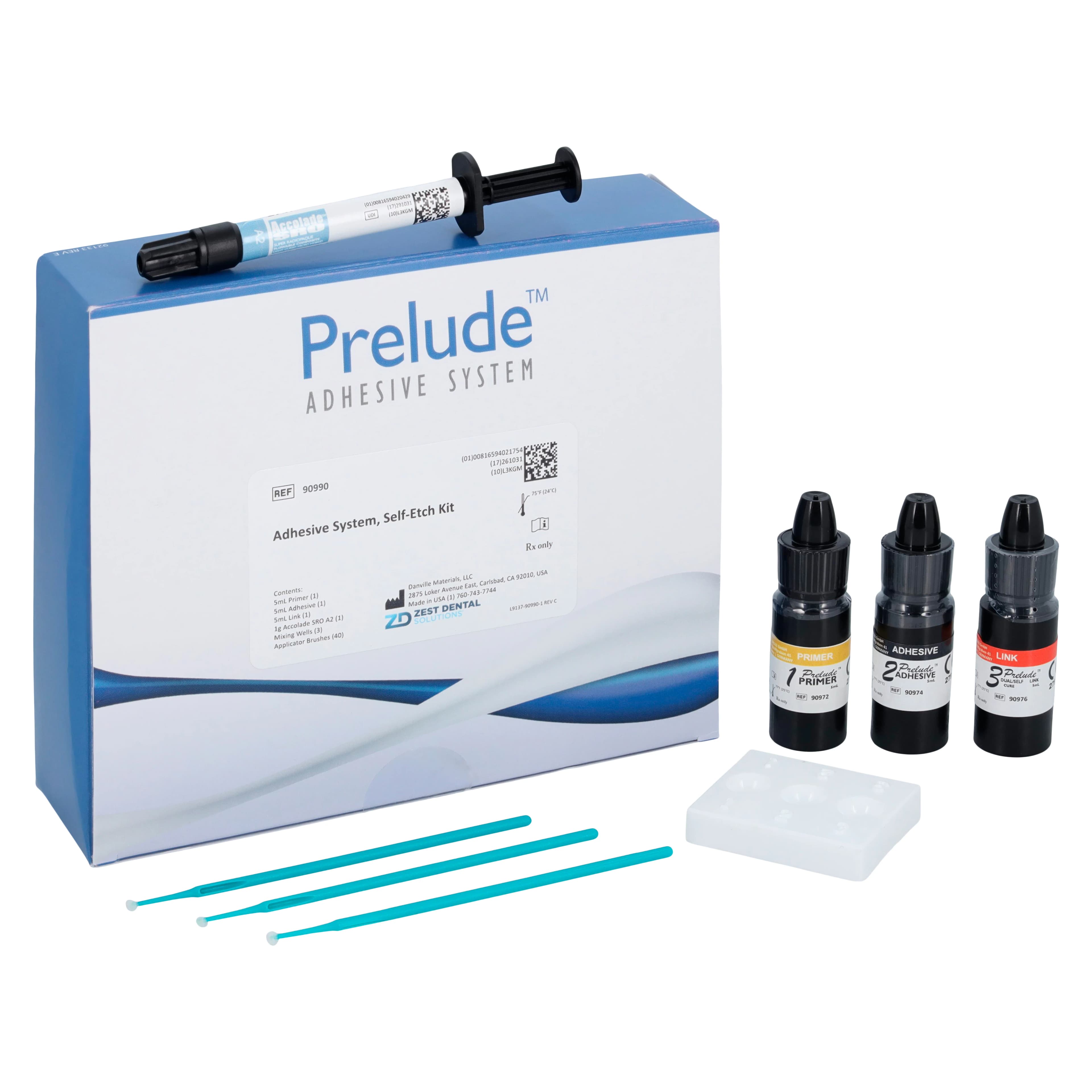 Prelude Self-Etch Adhesive Kit, Light-Cure, 5 mL Primer, 5 mL Adhesive, 5 mL Link, 1 g Accolade SRO-A2 Flowable Composite, 40 Microbrushes, 3 Mixing Wells, 1/Pk, 90990 - Prelude Adhesive, Light-Cure, Self-Etch Kit, 1/Pk, 90990 - Image 1