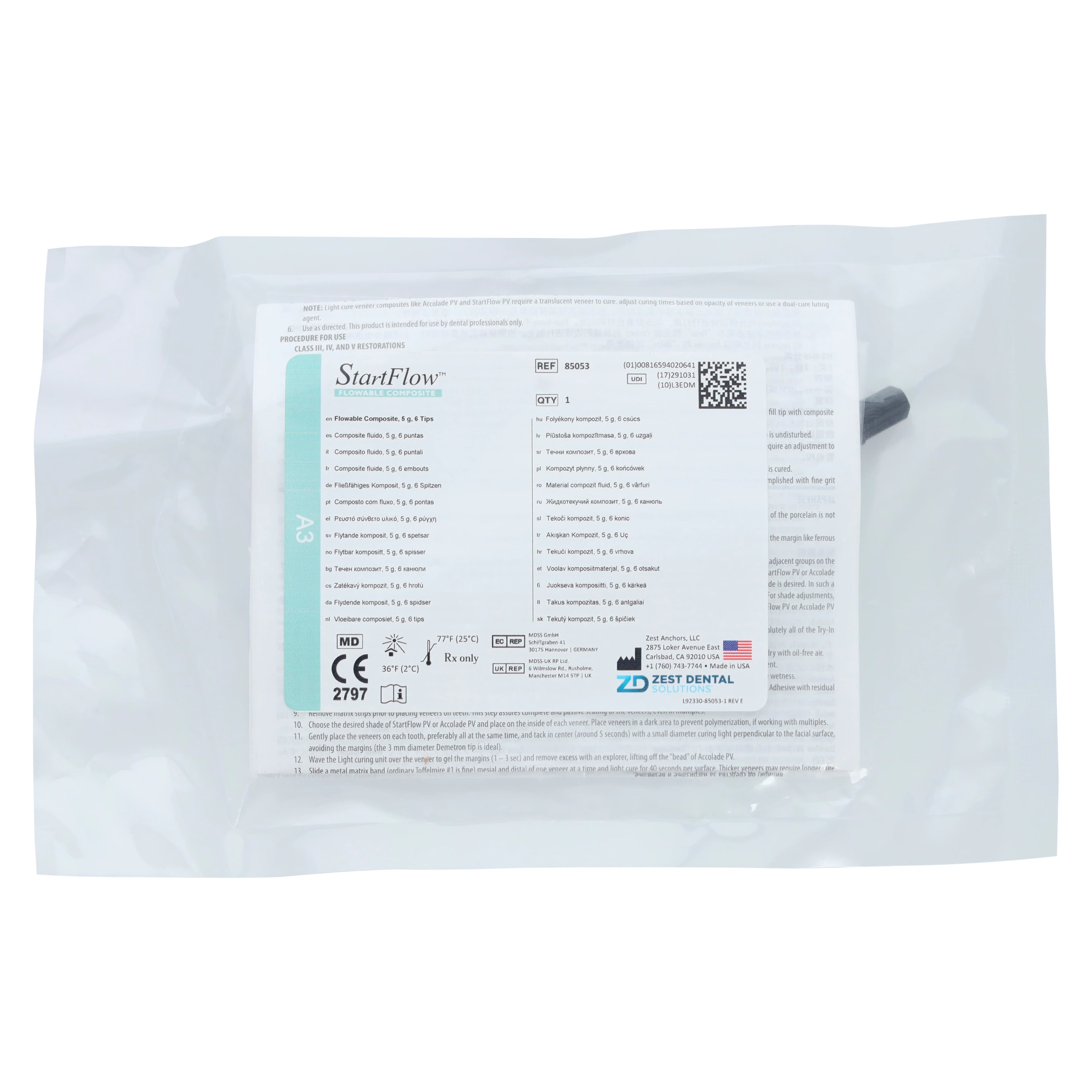 StartFlow Flowable Composite, Light-Cure, Syringe Refill, Shade A3, 5 g, 1/Pk, 85053 - StartFlow Flowable, Light-Cure, Syringe Refill, 5 g, A3, 1/Pk - Image 1