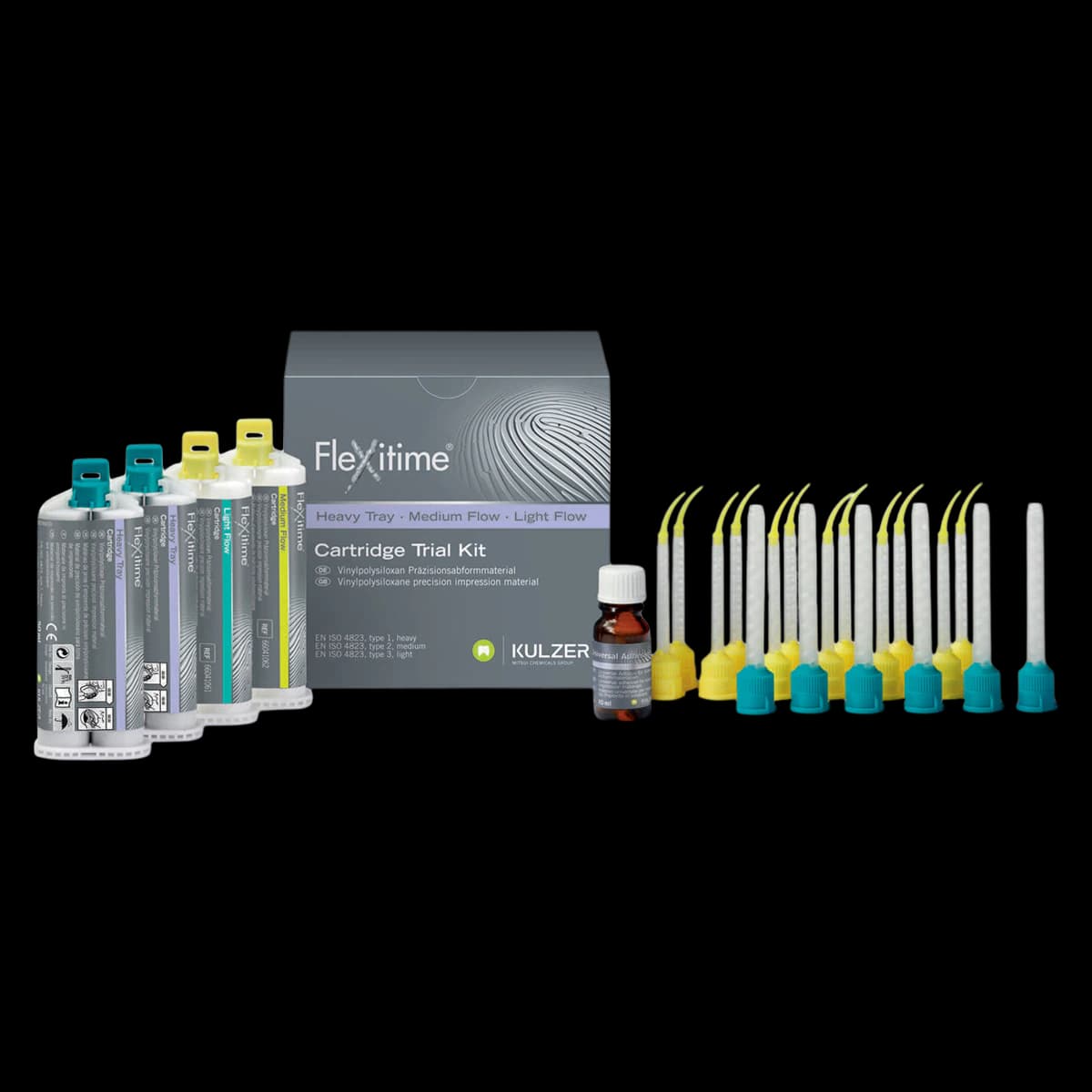 Flexitime Heavy Tray Trial Kit with Light and Medium Flow, Automix VPS Impression Material, 4 x 50 mL Cartridges, 18 Mixing Tips, 12 Intraoral Tips, Tray Adhesive - Flexitime Heavy Tray Trial Kit - Light & Medium Flow. Includes: 2x 50 ml - Image 1