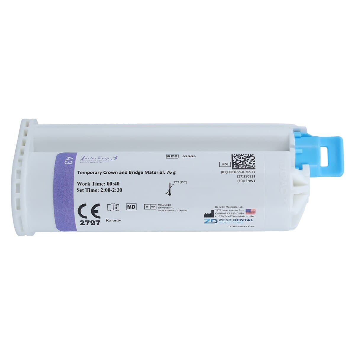 Danville Turbo Temp 3 Temporary Crown & Bridge Material Refill, Shade A3, 10:1 Cartridge, 76 g, 1/Pk, 93369 thumbnail 3