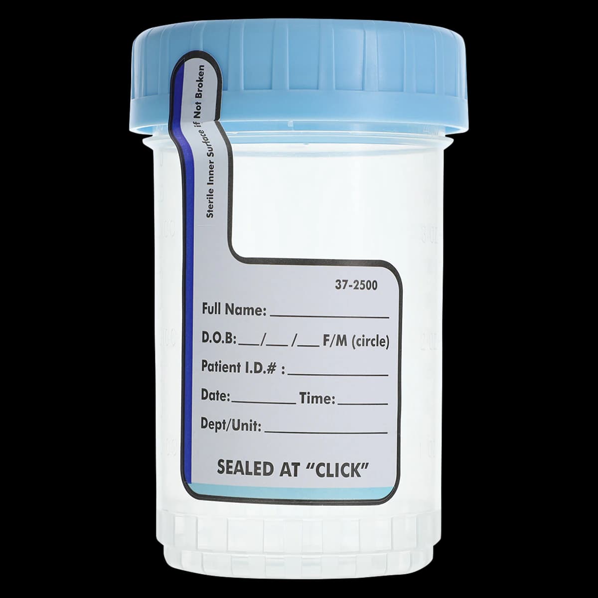 Medegen ClickSeal Specimen Container, 120 mL, Sterile, Translucent with Blue Screw Cap, 300/Case - Container ClikSeal Spec - Image 1