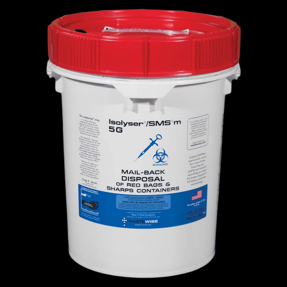 Isolyser SMSm 5 Gallon Mail-Back Sharps and Red Bag Medical Waste Disposal System, White with Red Lid, 1/Pkg, SMSM5G - Isolyser Mail-Back Sharps Disposal SMSm5g - Image 1