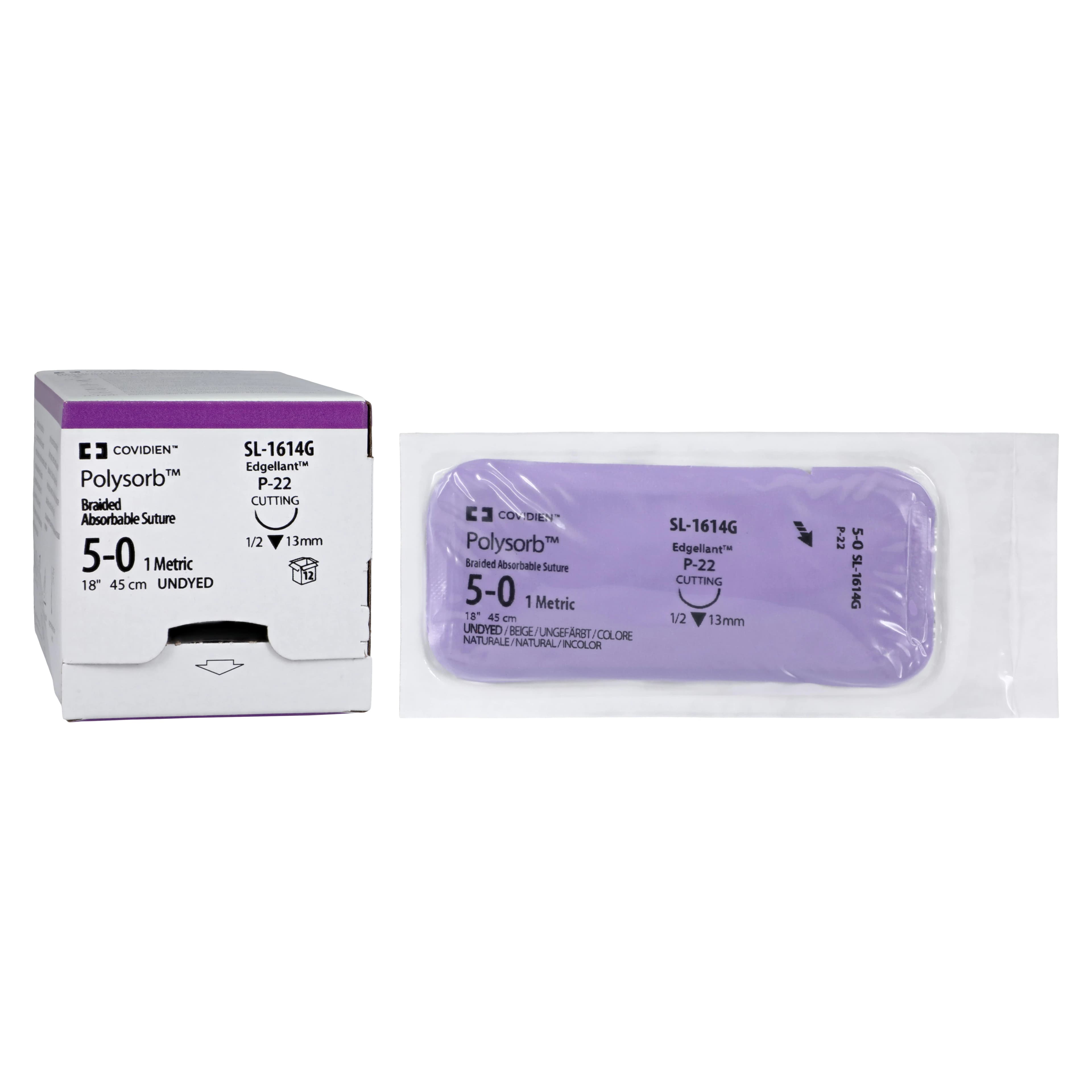 Medtronic Polysorb Absorbable Suture, 5-0, 18", P-22 Premium Reverse Cutting 1/2 Circle Needle 13mm, Undyed, 12/Case - Suture Polysorb Undyed P-22 - Image 1