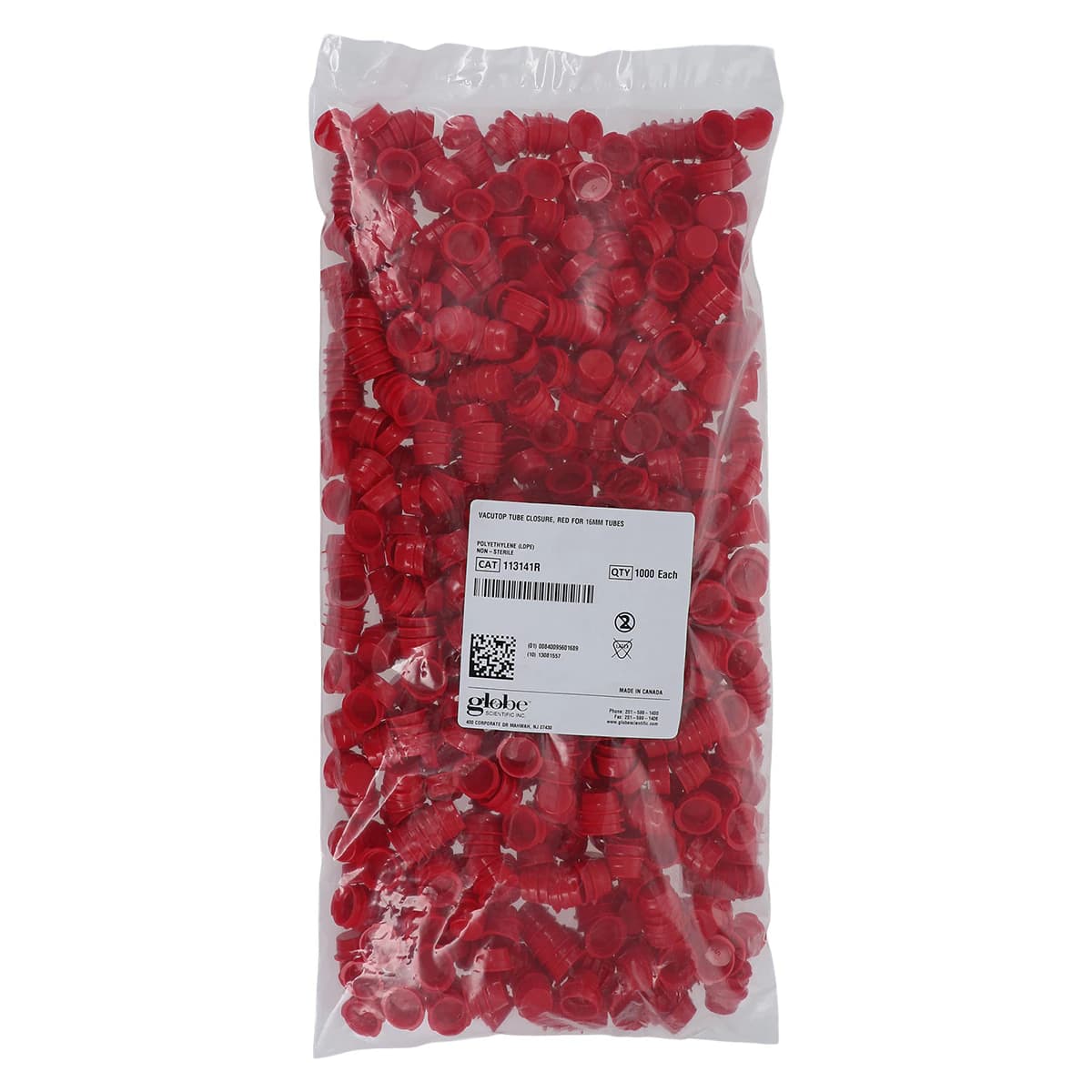Globe Scientific Snap Cap for Vacuum/Test Tubes, Polyethylene, Red, 16mm, 1000/Pk thumbnail 3