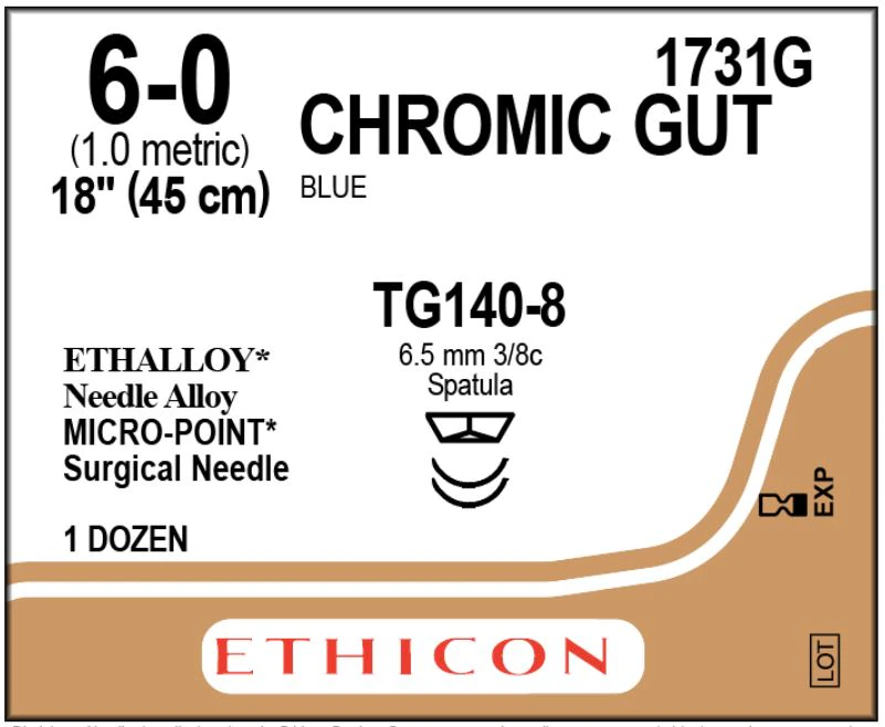 Ethicon Chromic Surgical Gut Suture, 6-0, 18", TG140-8 Spatula Needle, 3/8 Circle, 12/Bx, 1731G - ETHICON SURGICAL GUT SUTURE - CHROMIC 1731G - Image 1