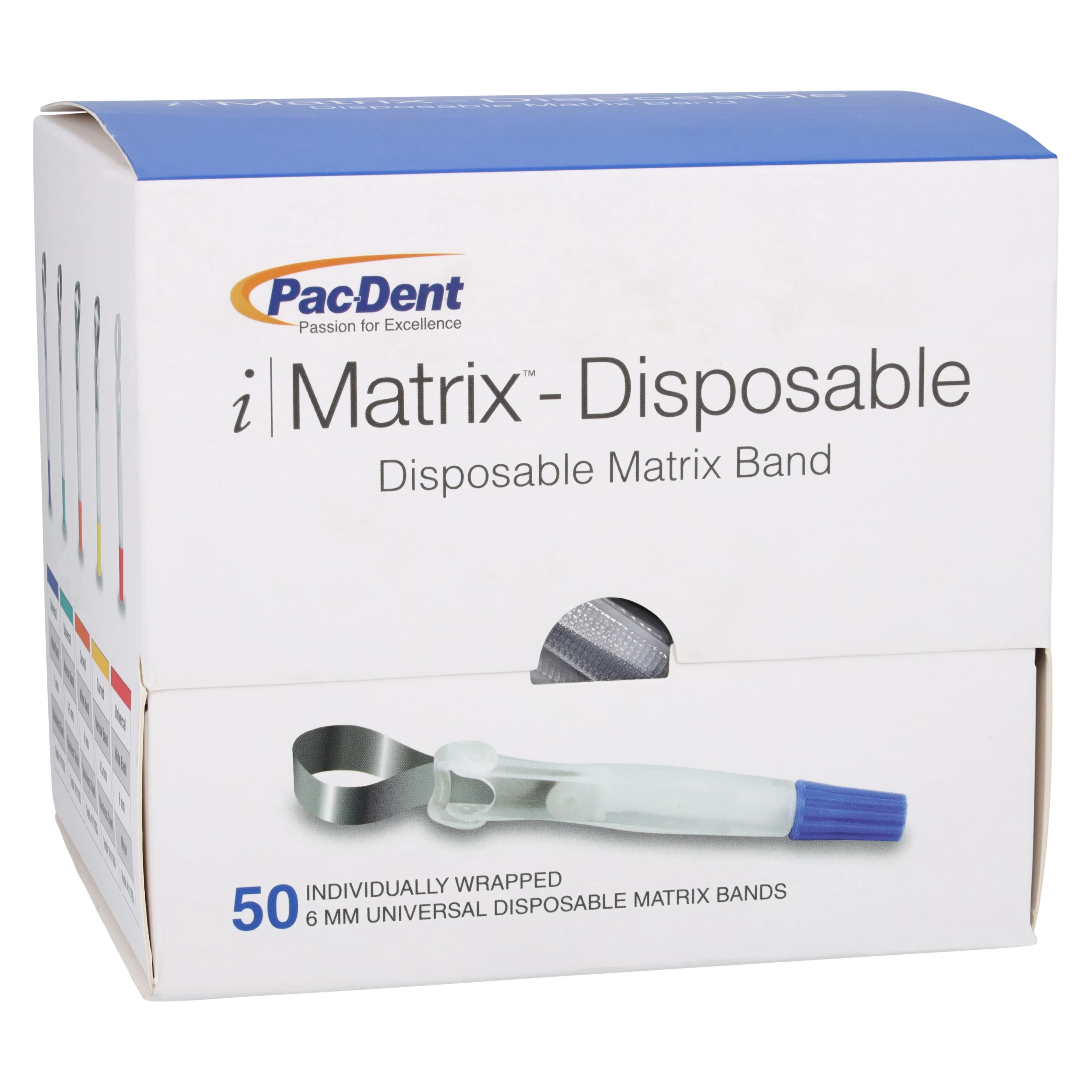 iMatrix™ Disposable Matrix Bands, 6mm Wide, Universal Shape, Stainless Steel, Blue, 50/Box, 411101 - iMatrix™ Disposable Matrix Bands 6mm Wide Universal Shape Stainless Steel Blue Box of 50 - Image 1