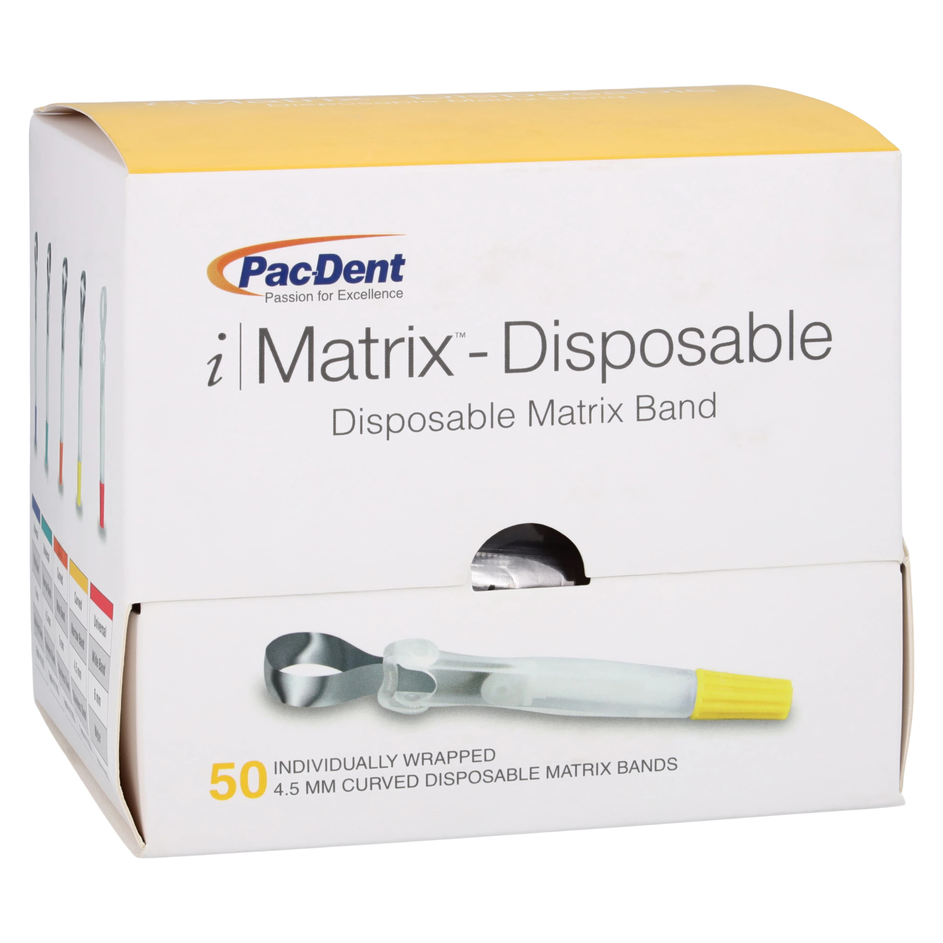 iMatrix™ Disposable Matrix Bands, 4.5mm Narrow Curved, Stainless Steel, Yellow, 50/Box, 411104 - iMatrix™ Disposable Matrix Bands 4.5mm Narrow Curved Shape Stainless Steel Yellow Box of 50 - Image 1