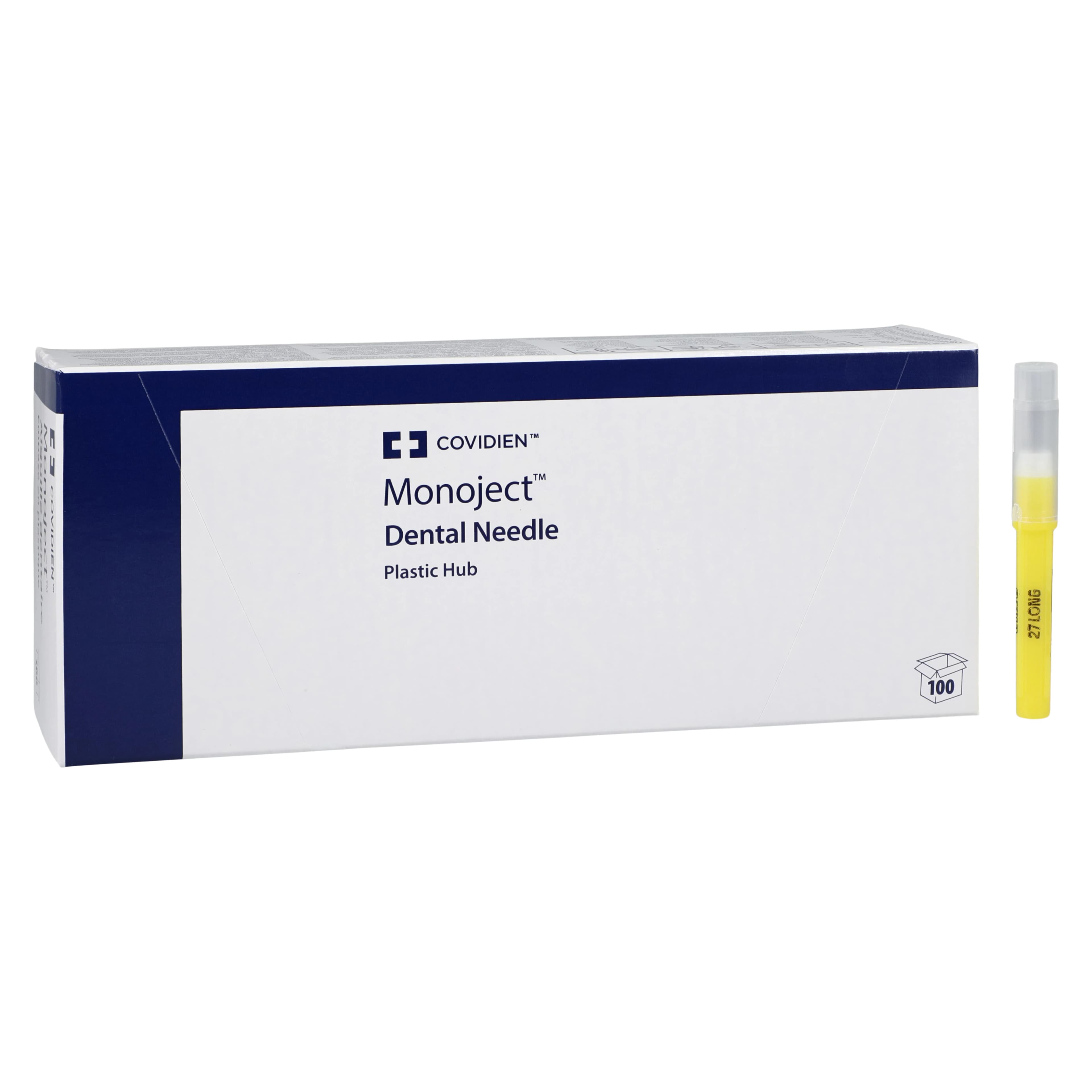 Monoject 400 Plastic Hub Dental Needle, 27 Gauge Long (1.25"/32mm), Yellow, Sterile, 100/Box, 8881400058 - Monoject Needle Plastic Hub 27 Gauge Long Yellow 100Bx - Image 1
