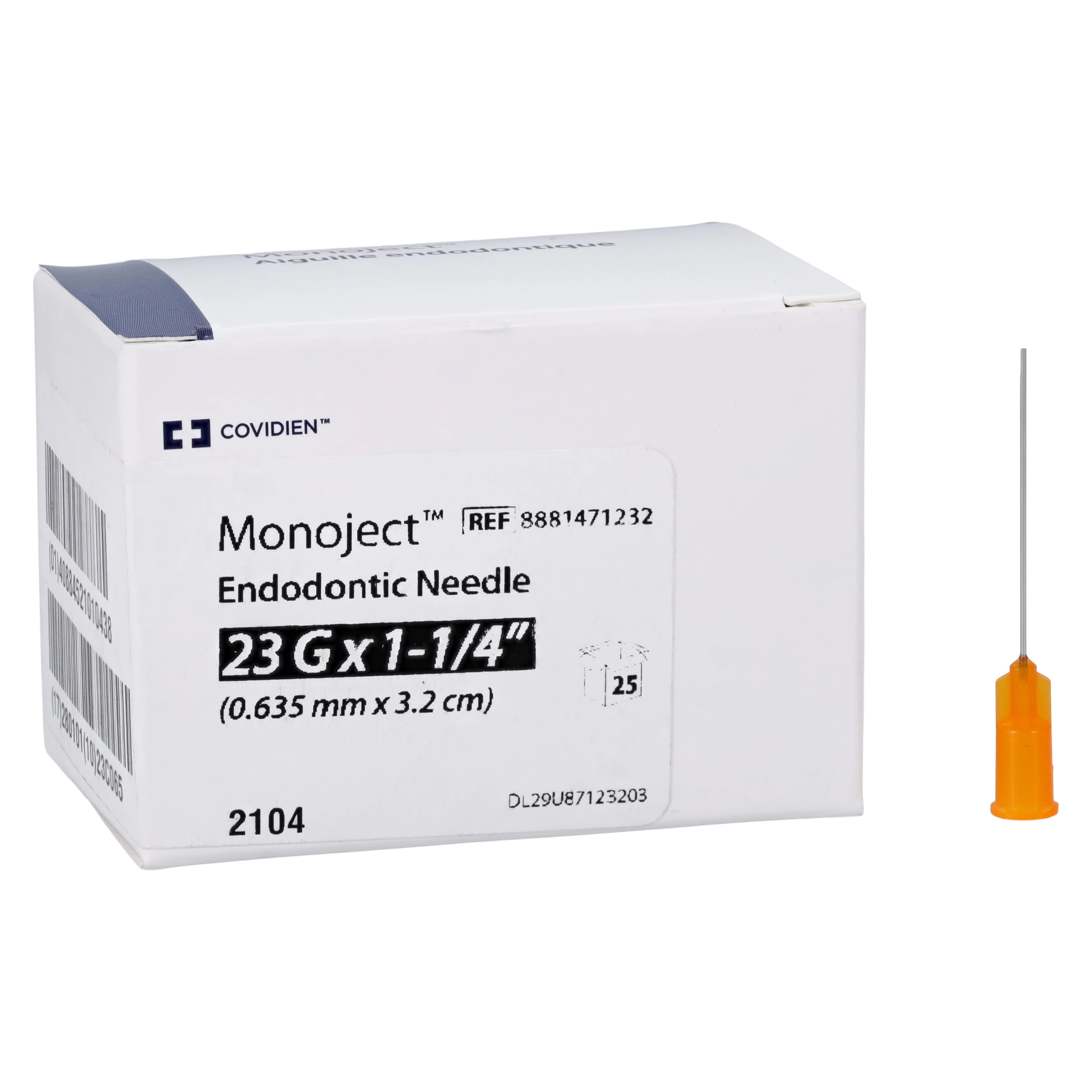 Monoject Endodontic Irrigation Needles, 23 Gauge x 1-1/4", Orange, Luer Lock, 25/Box, 8881471232 - Monoject Endodontic Irrigation Needle 23g X 1-1/4" 25/Box Covidien/Kendall Healthcare 8881471232 - Image 1