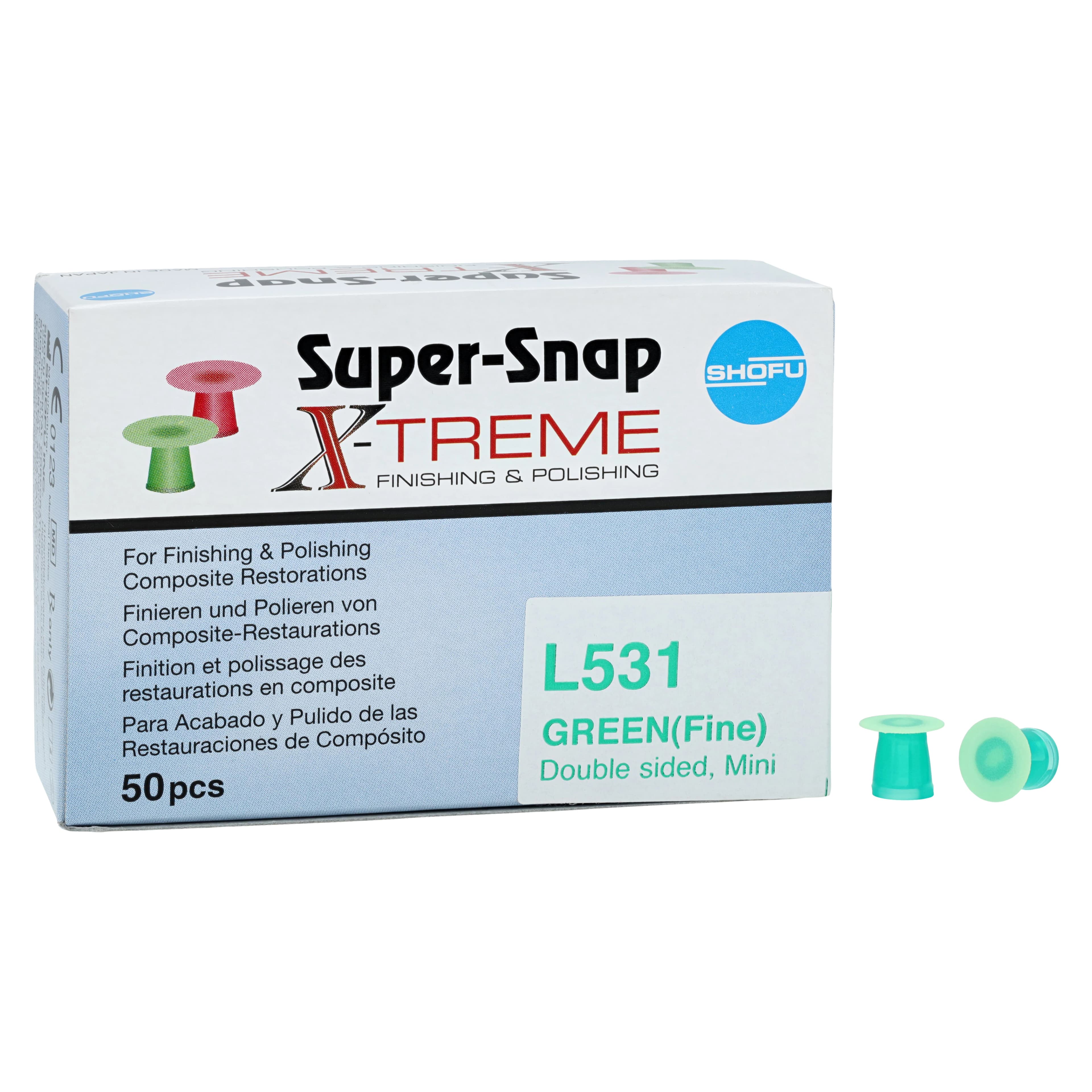 Shofu Super-Snap X-Treme Polishing Disks, Fine (Green), Mini 8 mm, Double-Sided Aluminum Oxide, 50/Box, L531 - L531 Super-Snap Extreme Mini Disk Green Fine (50) - Image 1