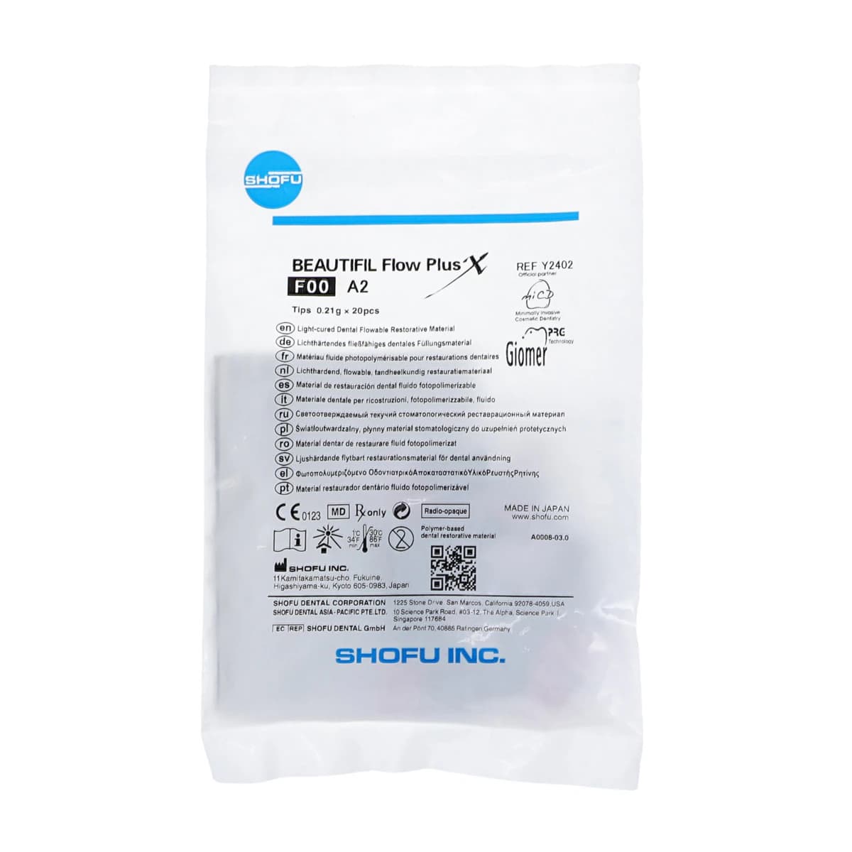Beautifil Flow Plus X F00 (Zero Flow) Flowable Composite Tips, A2, 0.21 g, 20/Pkg, Y2402 - Beautifil Flow Plus X F00 A2 Pack of 20 - Image 1
