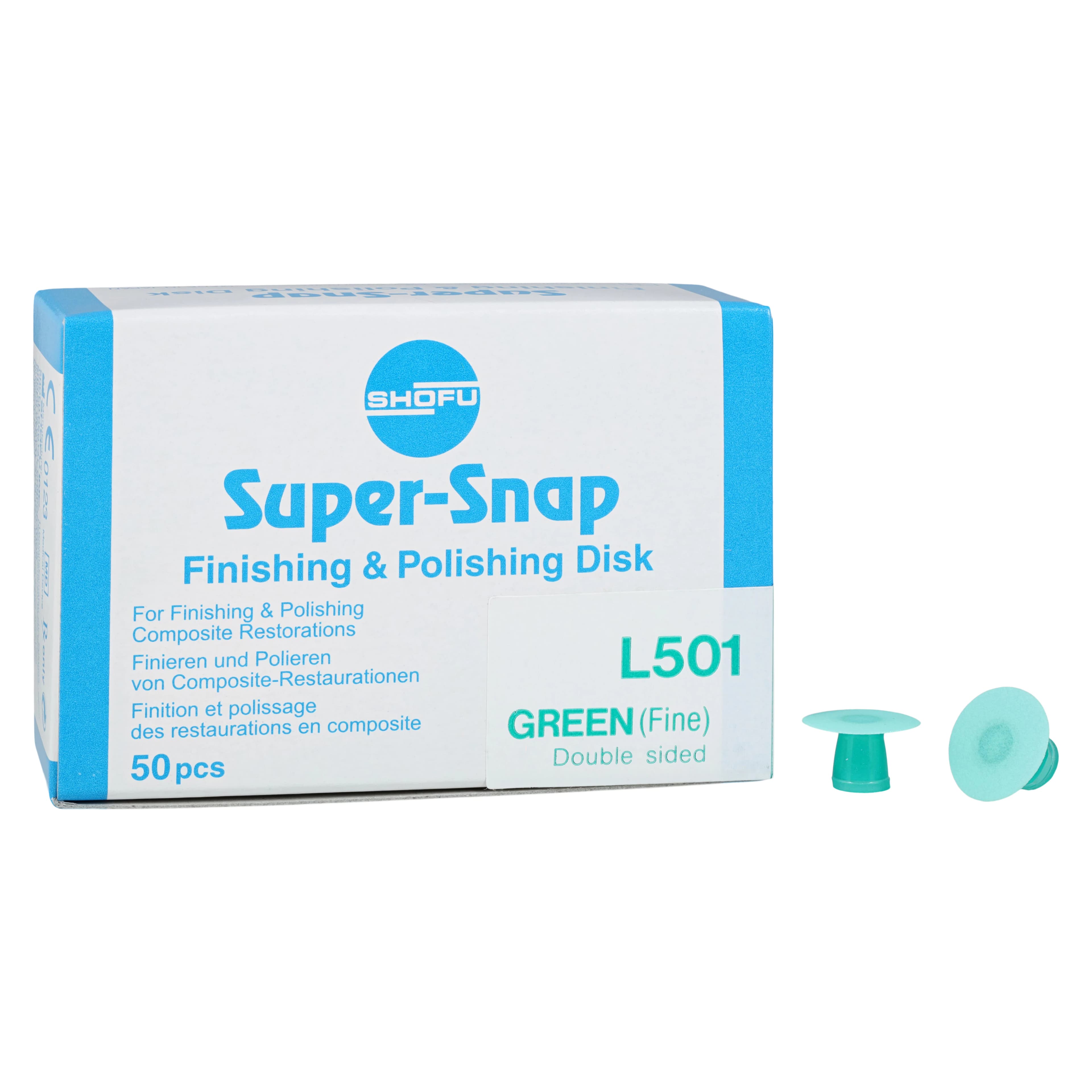 Shofu Super-Snap Polishing Disk Replacements, Fine, Green, Double-Sided, 12mm, 50/Pk, L501 - Super-Snap Disk Replacements, Polishing, CA, Double-Sided Grit, Fine, Green, 50/Pk, L501 - Image 1