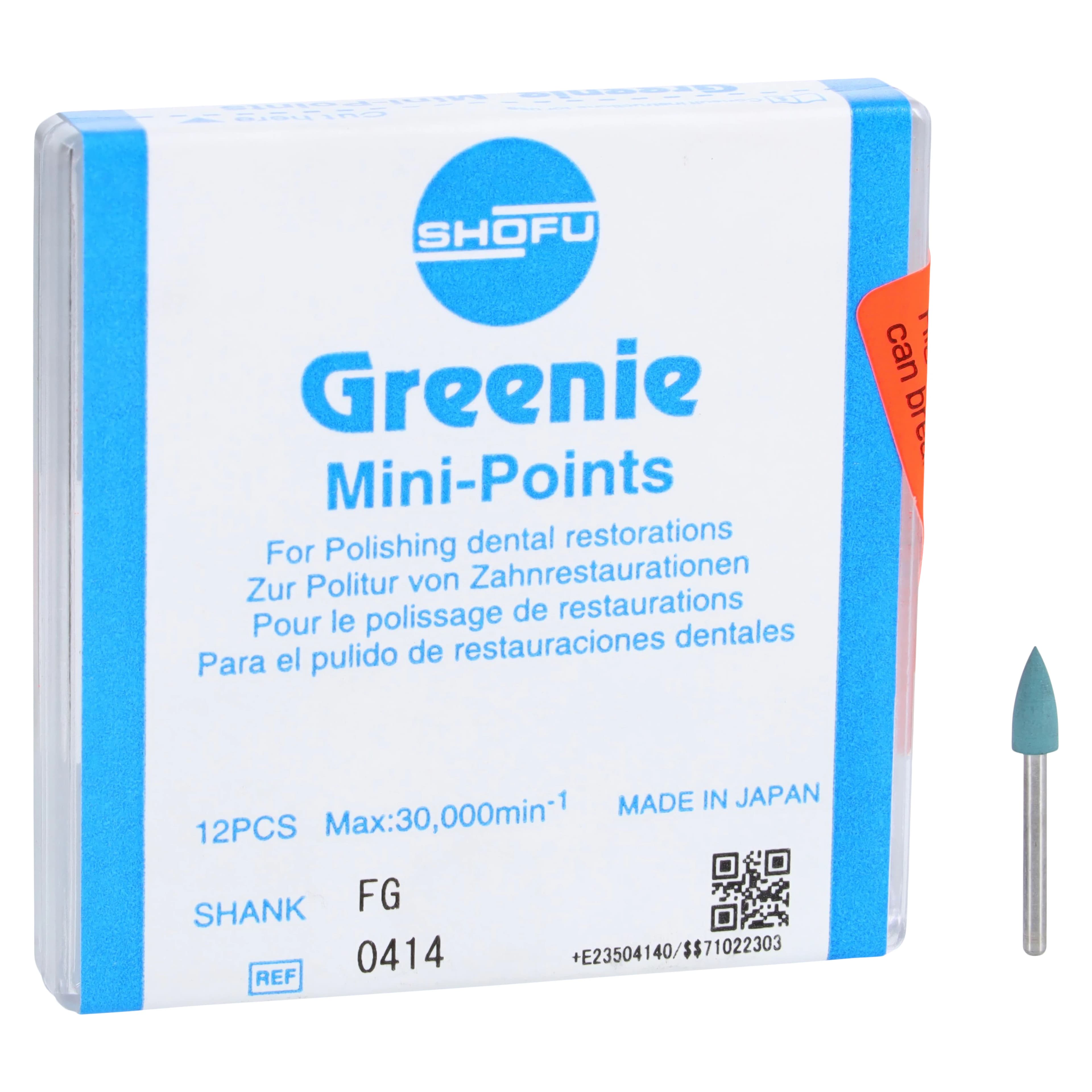 Shofu Greenie Polishers FG Mini-Point, Dark Green, Silicone Carbide, 12/Box, #0414-FG, ISO #030 - Greenie Polishers FG Shank - Image 1