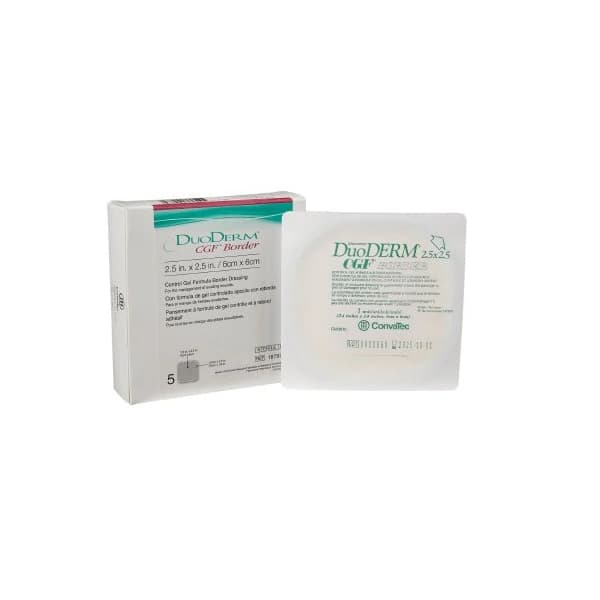 DuoDerm CGF Border Hydrocolloid Dressing, 2-1/2" x 2-1/2", Sterile, Adhesive, Flesh, 5/Box, #187970 - DuoDerm CGF Border Dressing - Image 1