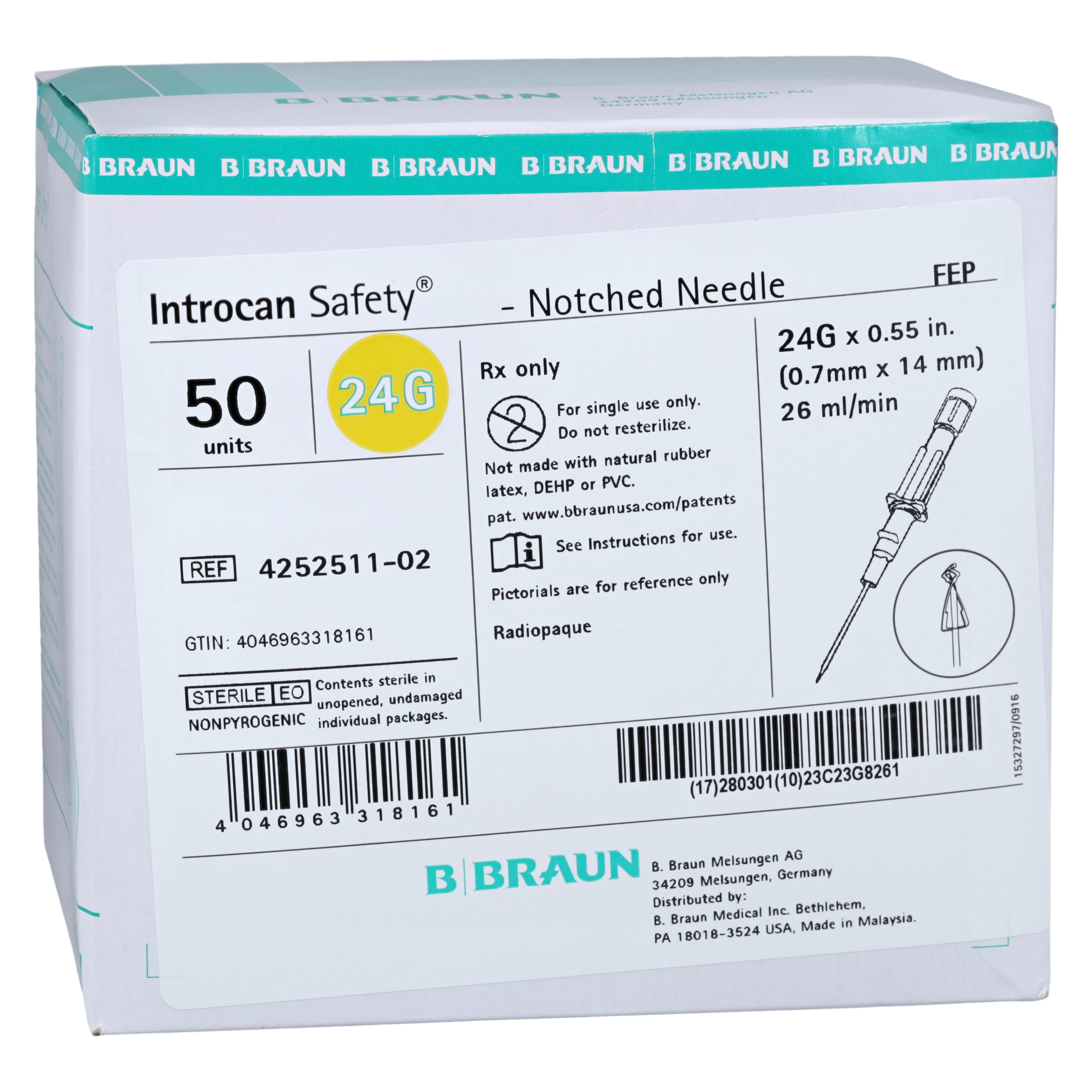 B. Braun Introcan Safety IV Catheter, 24 Gauge, 0.55" Straight, Yellow, 50/Box - Catheter IV Introcan Safety - Image 1