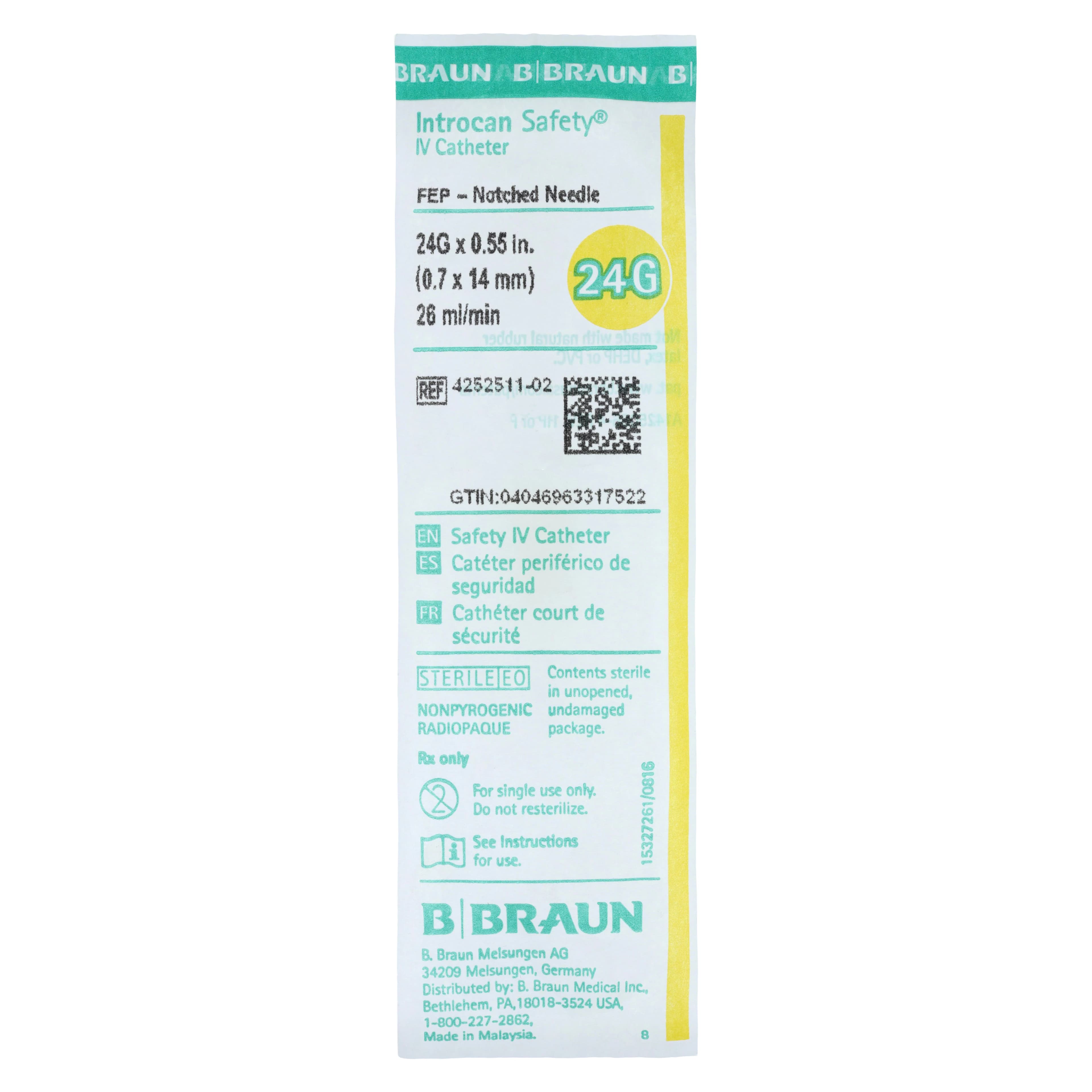 B. Braun Introcan Safety IV Catheter, 24 Gauge, 0.55" Straight, Yellow, 50/Box thumbnail 2