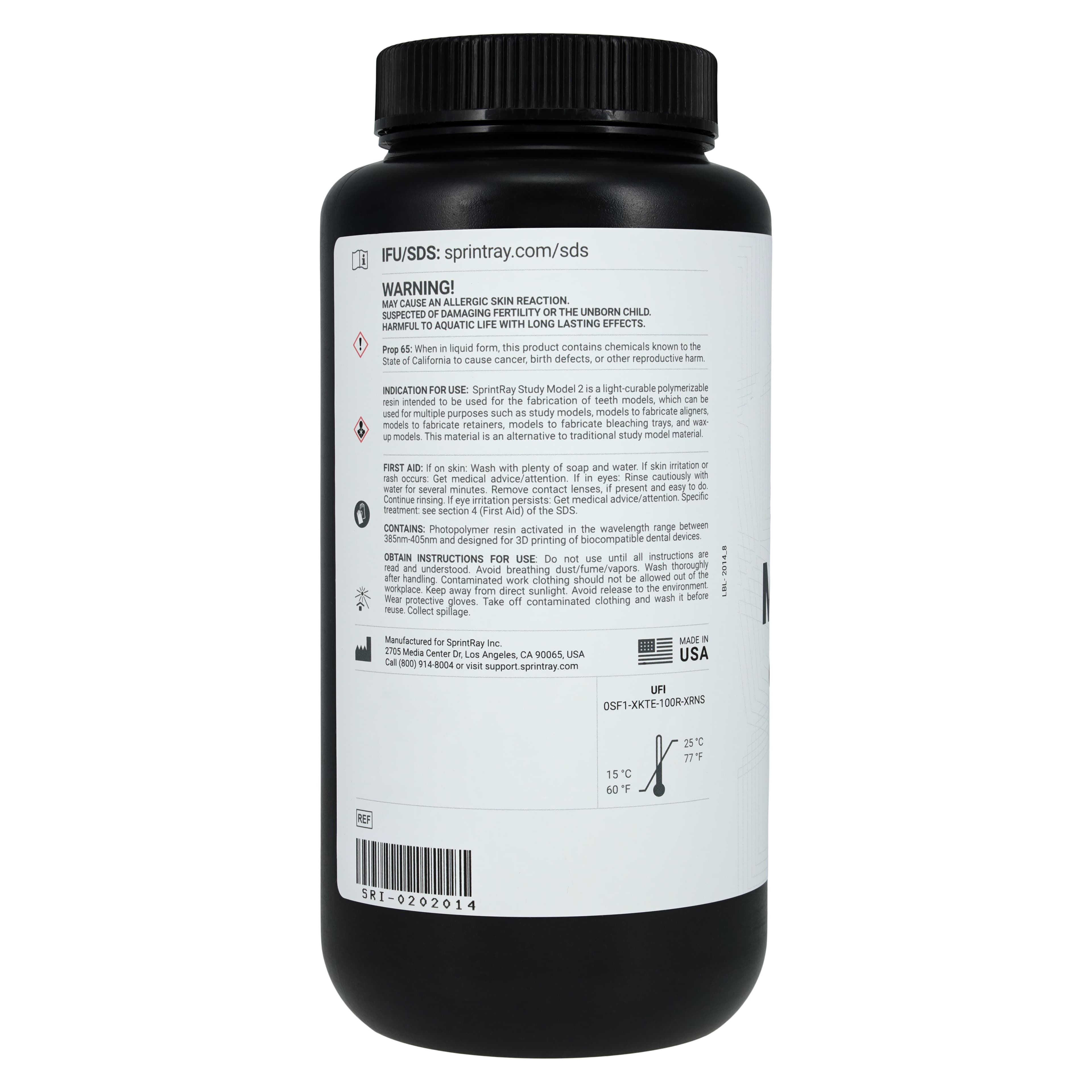 SprintRay Study Model 2 White 3D Printing Resin, 1 kg Bottle thumbnail 2