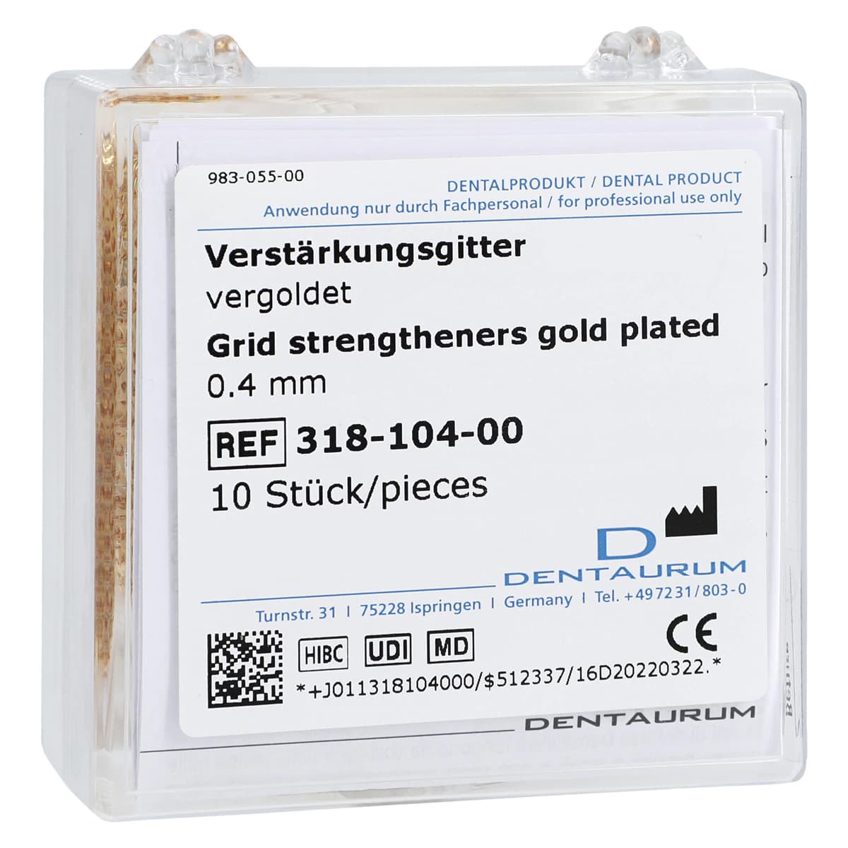 Dentaurum Stainless Steel Grid Strengtheners, Gold Plated 24 Carat, 0.4mm Thick, 2.5mm Perforations, Pack of 10 - Stainless Steel Grid Strengtheners Gold Plated 24 Carat Pack of 10 - Image 1