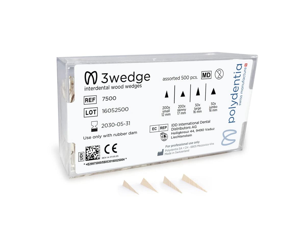 Polydentia 3Wedge Interdental Wooden Wedges, Assorted (200 Small, 200 Skinny, 50 Large, 50 Jumbo), 500/Bx, 7500 - Polydentia 3wedge Large Assorted Pack (500) - Image 1