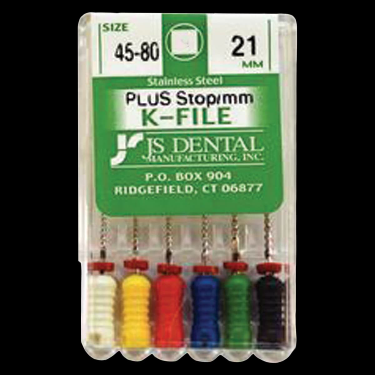 JS Dental SS K-File Plus with Rubber Stops, 21mm, Assorted Sizes 45-80, 6/Box - SS K-File Plus w/ Stops - Image 1