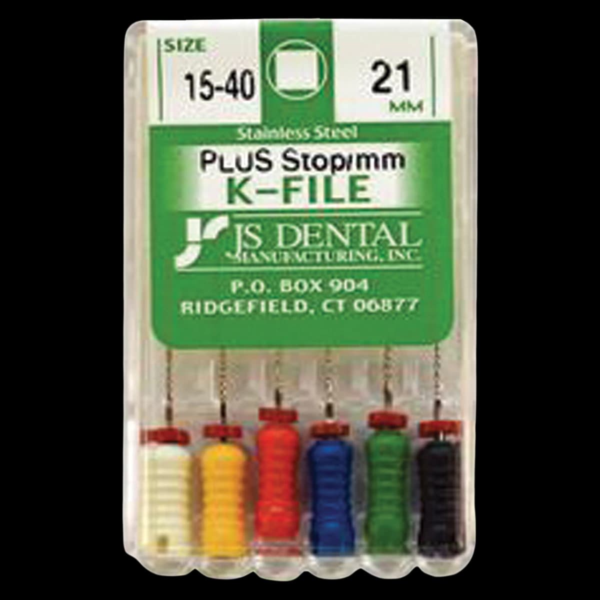 JS Dental SS K-File Plus with Rubber Stops, Stainless Steel, Assorted Sizes 15-40, 21mm, 6/Box - SS K-File Plus w/ Stops - Image 1