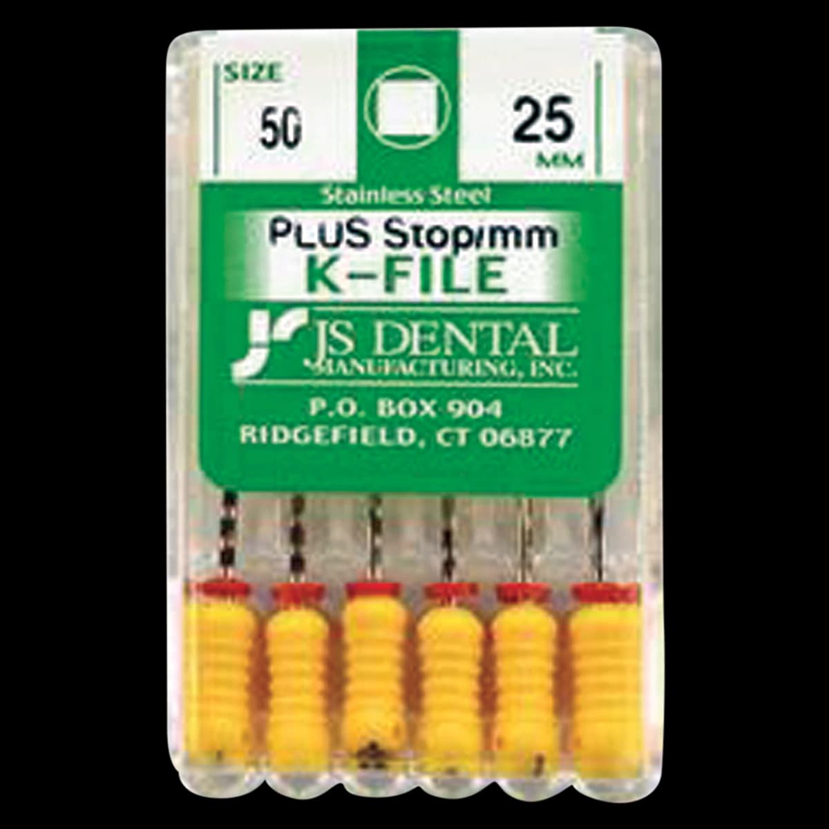 JS Dental K-Files Plus #50 (Yellow), 25mm, Stainless Steel, with Rubber Stops & mm Markings, Pack of 6 - #50 Yellow K-Files Plus 25mm Pack of 6 - Image 1