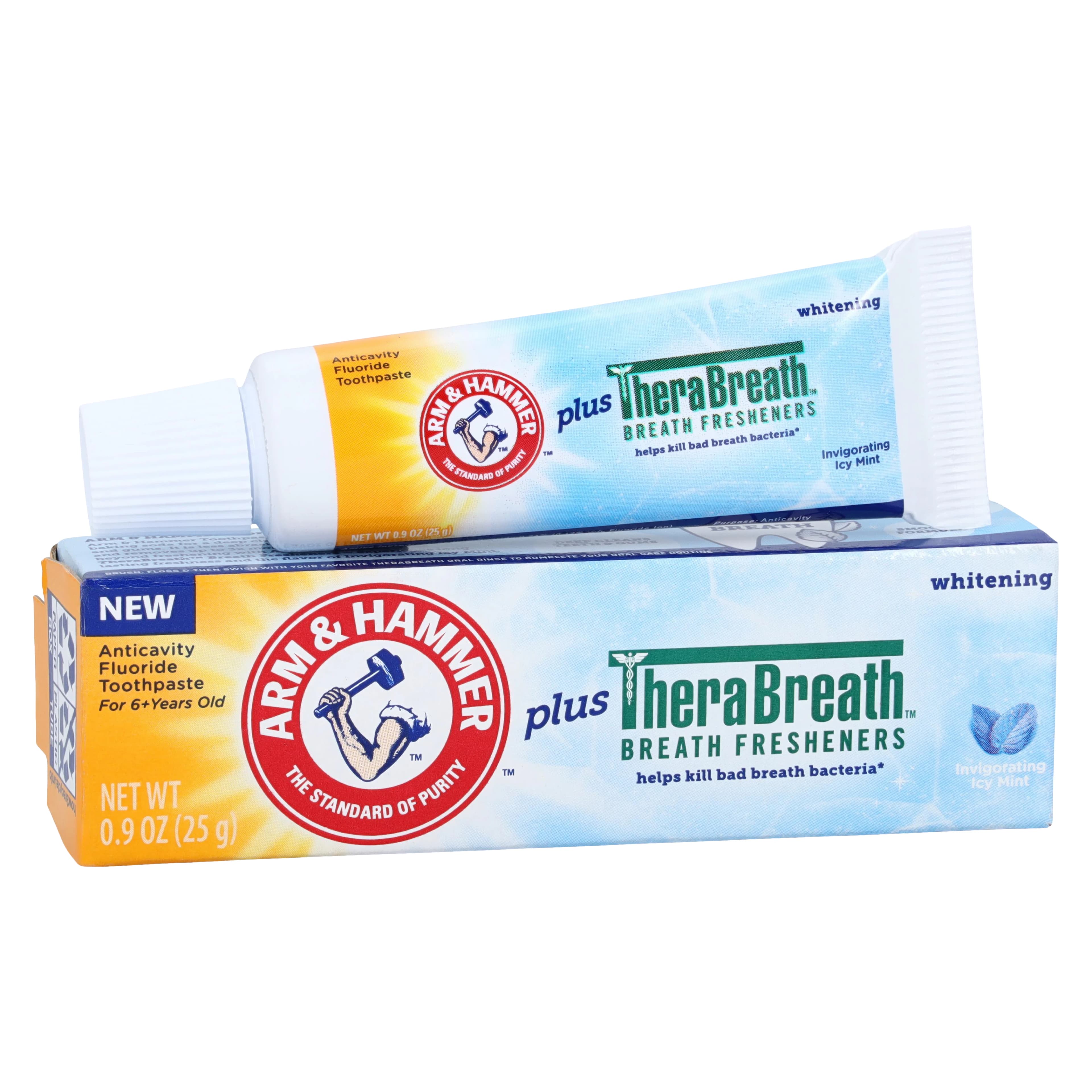 Arm & Hammer plus TheraBreath Whitening Toothpaste, 6+ Years, Icy Mint, Fluoride, 0.9 oz, 72/Case - Arm & Hammer TP + Therabreath - Image 1