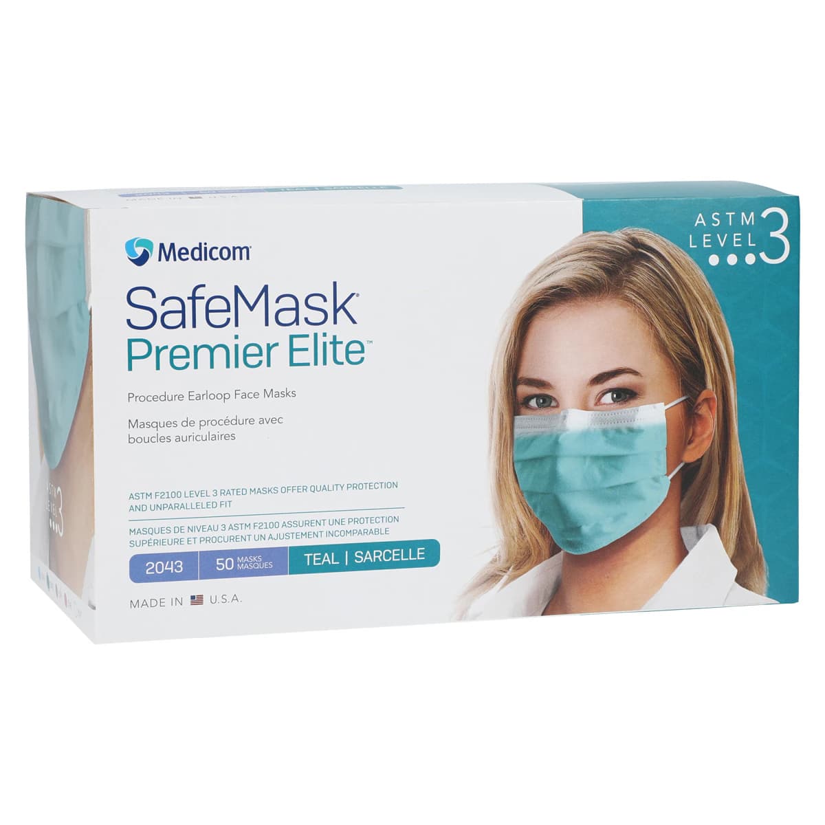SafeMask Premier Elite Procedure Earloop Face Mask, ASTM Level 3, Teal, One Size Fits Most, 50/Box, 2043 thumbnail 3