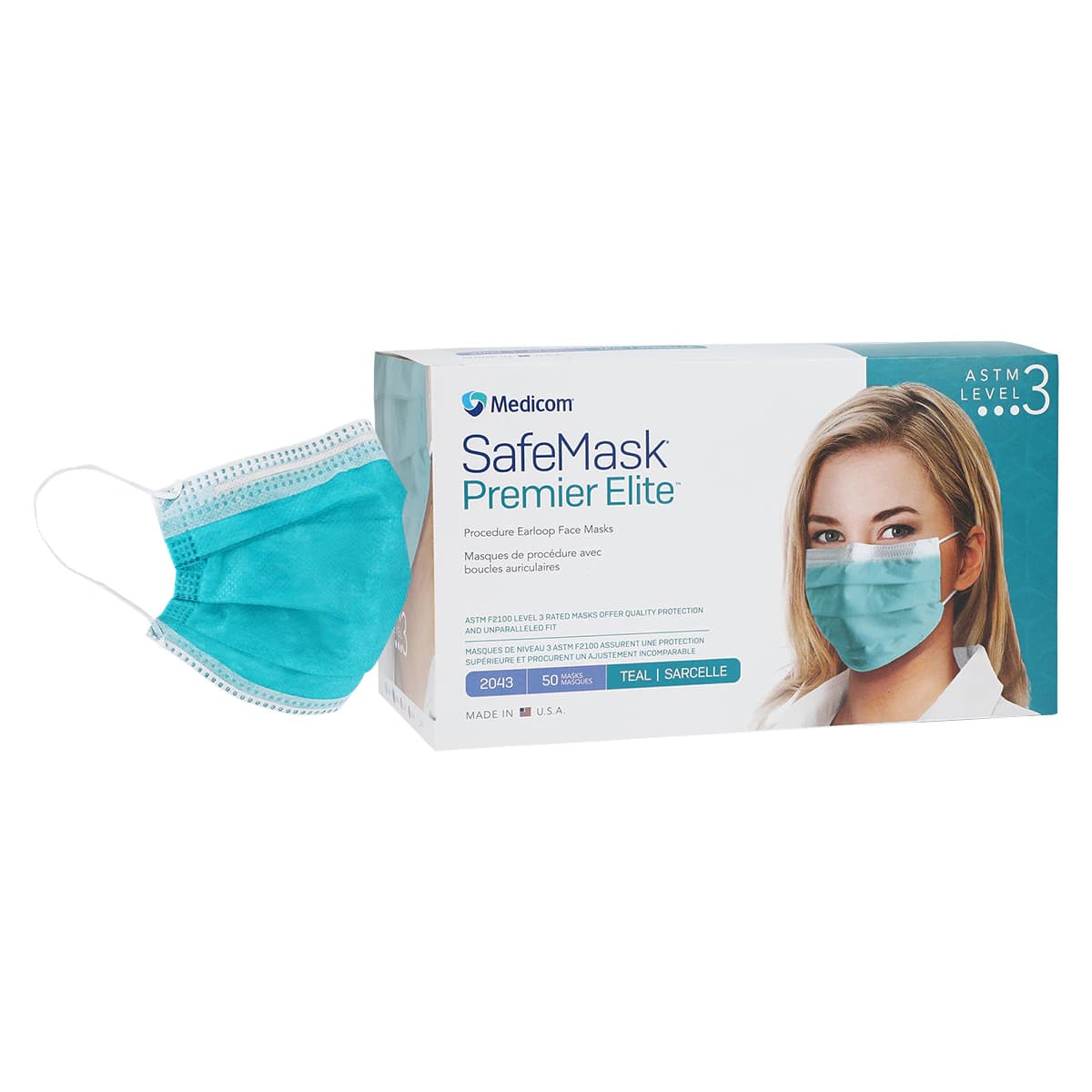SafeMask Premier Elite Procedure Earloop Face Mask, ASTM Level 3, Teal, One Size Fits Most, 50/Box, 2043 - SafeMask® Premier Elite™ Procedure Face Mask ASTM Level 3 Teal Box of 50 - Image 1