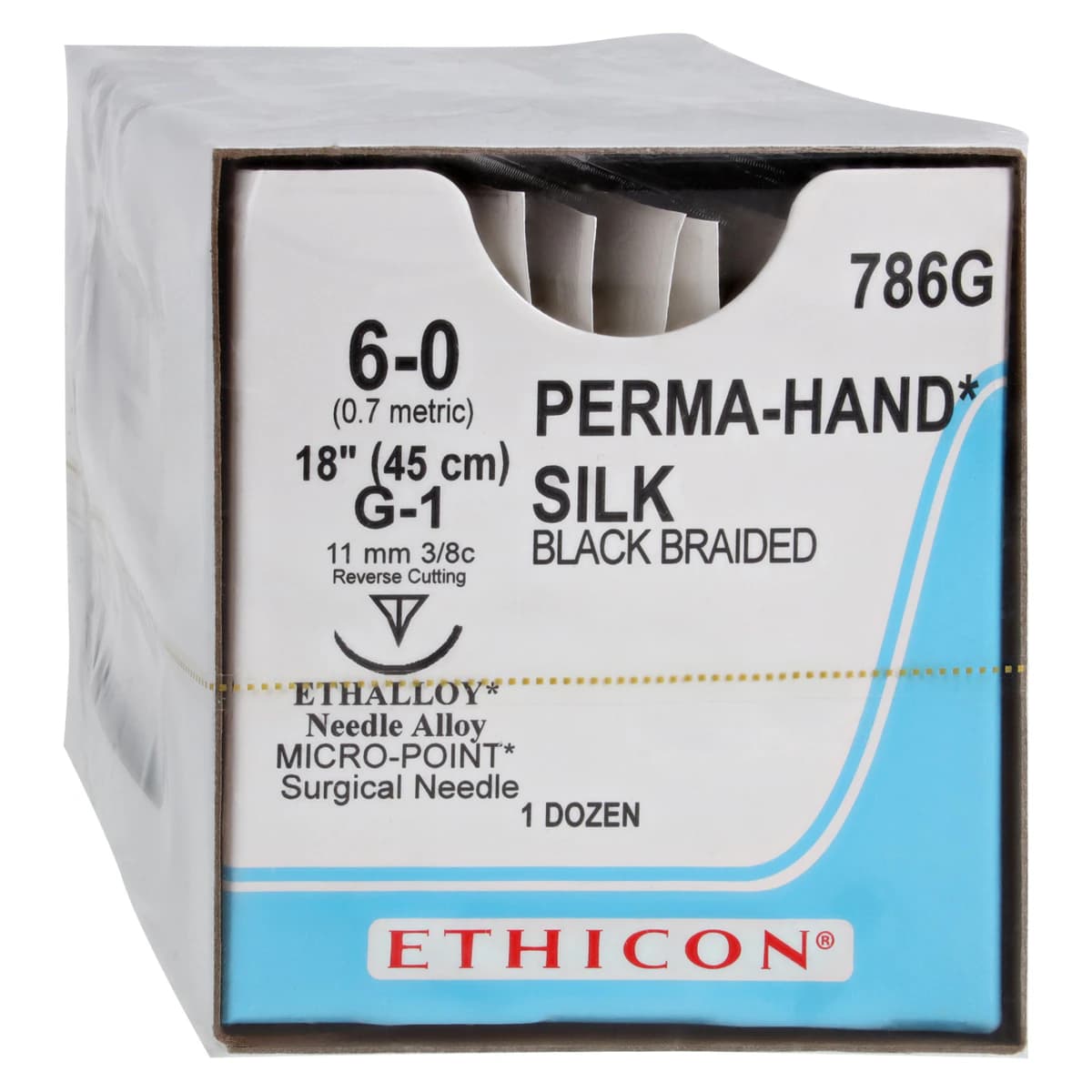Ethicon Perma-Hand Silk Braided Non-Absorbable Suture, 6-0, 18 in, Black, G-1 Reverse Cutting Needle 3/8 Circle 11mm, 12/Box - Suture Silk P-1 - Image 1