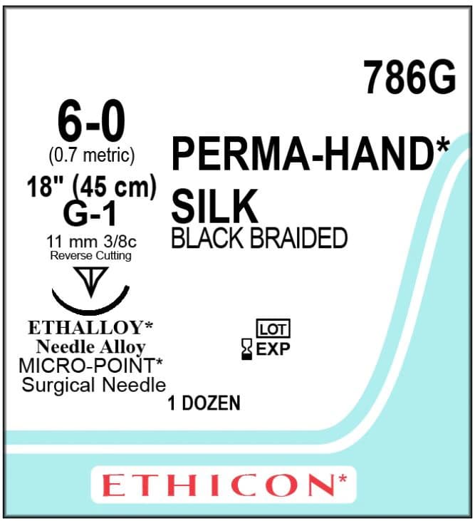 Ethicon Perma-Hand Silk Braided Non-Absorbable Suture, 6-0, 18 in, Black, G-1 Reverse Cutting Needle 3/8 Circle 11mm, 12/Box thumbnail 2