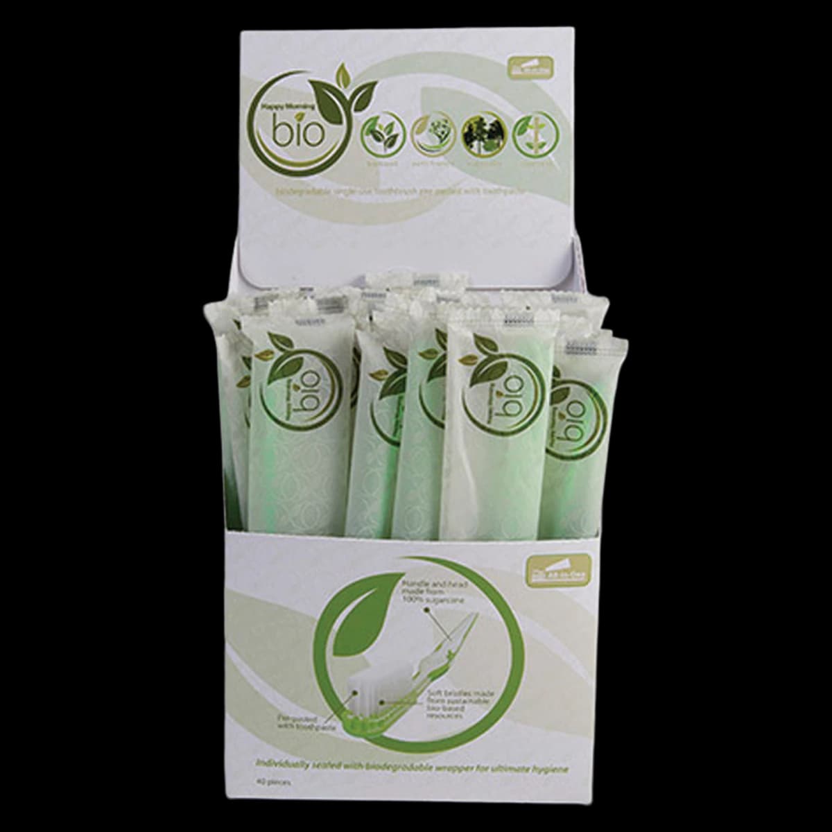 Happy Morning "Bio" Disposable Toothbrush, Pre-Pasted with Xylitol Mint Toothpaste, Soft Bristles, Green, 40/Box, 605500 - Happy Morning "Bio" Toothbrush Box of 40 - Image 1