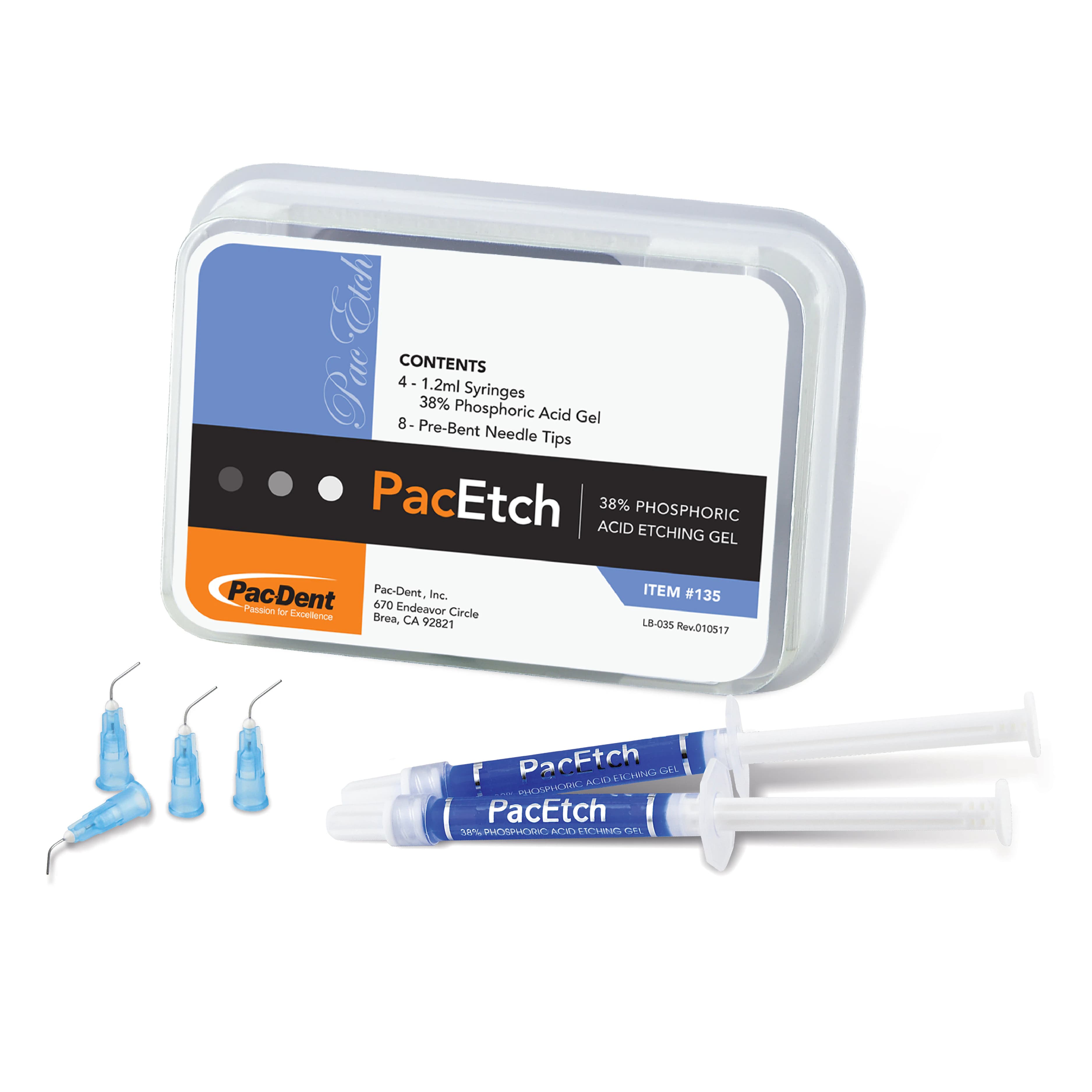PacEtch Etching Gel, 38% Phosphoric Acid, 1.2 mL Syringes with 8 Pre-bent Needle Tips, Pack of 4, Blue - PacEtch™ Etching Gel 1.2ml Syringes with 8 Pre-bent Needle Tips Pack of 4 - Image 1