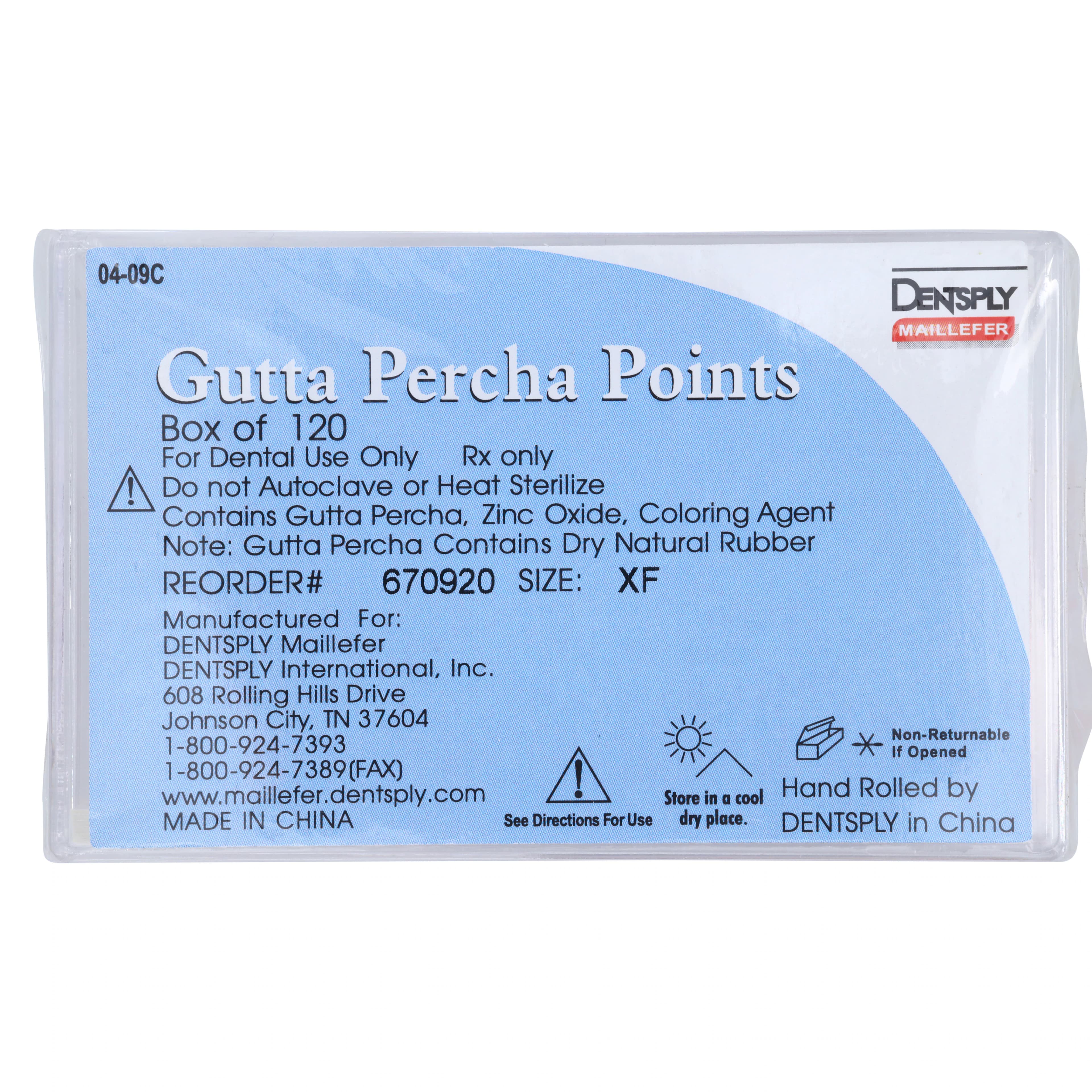 Dentsply Maillefer Gutta Percha Points, X-Fine, .02 Taper, 20mm, 120/Pk (6 Vials of 20), 670920 - Gutta Percha Points 120/Pk #XF - Image 1