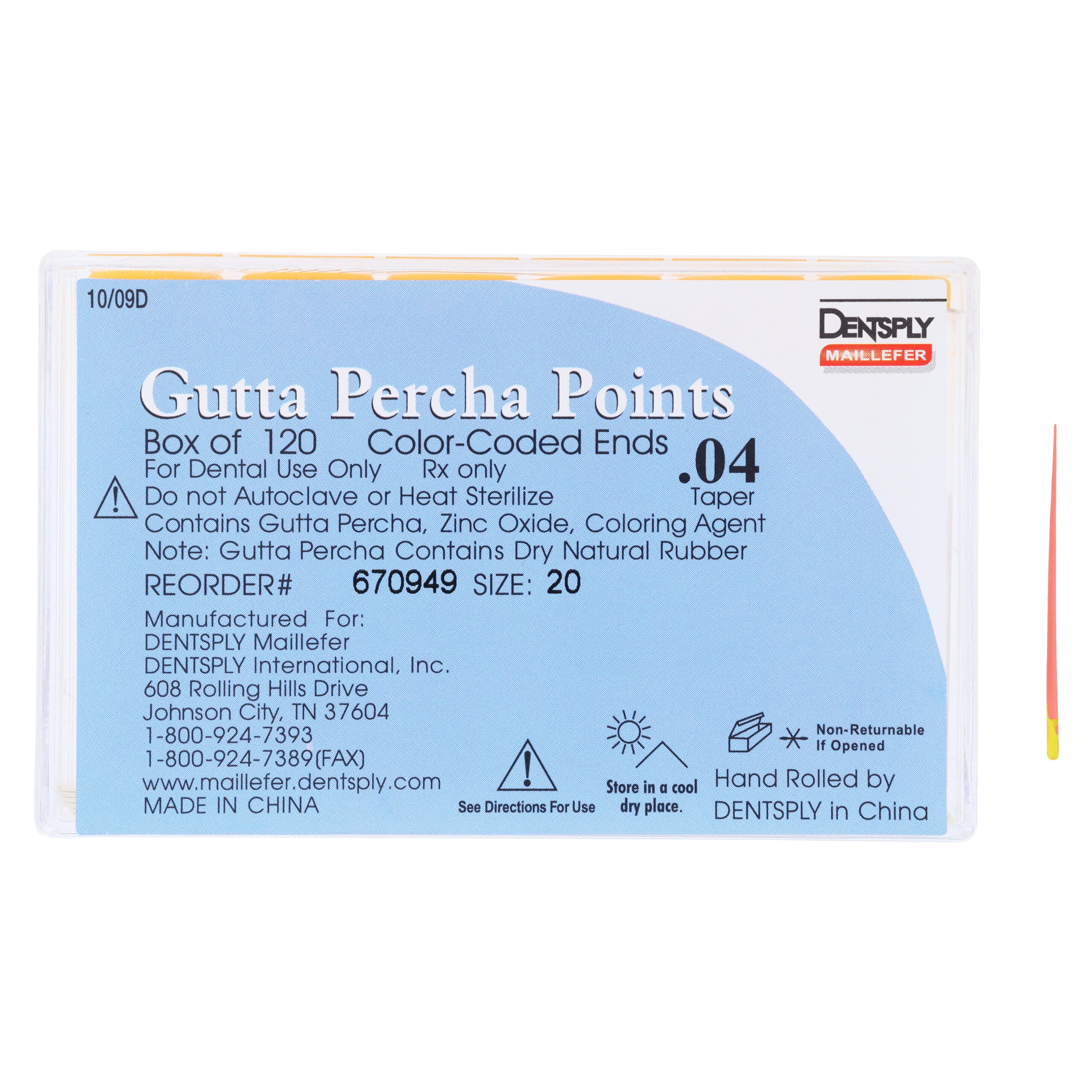 Dentsply Maillefer Gutta Percha Points, .04 Taper, Size #20, Yellow, 30mm, 120/Box (6 Vials of 20), 670949 thumbnail 3