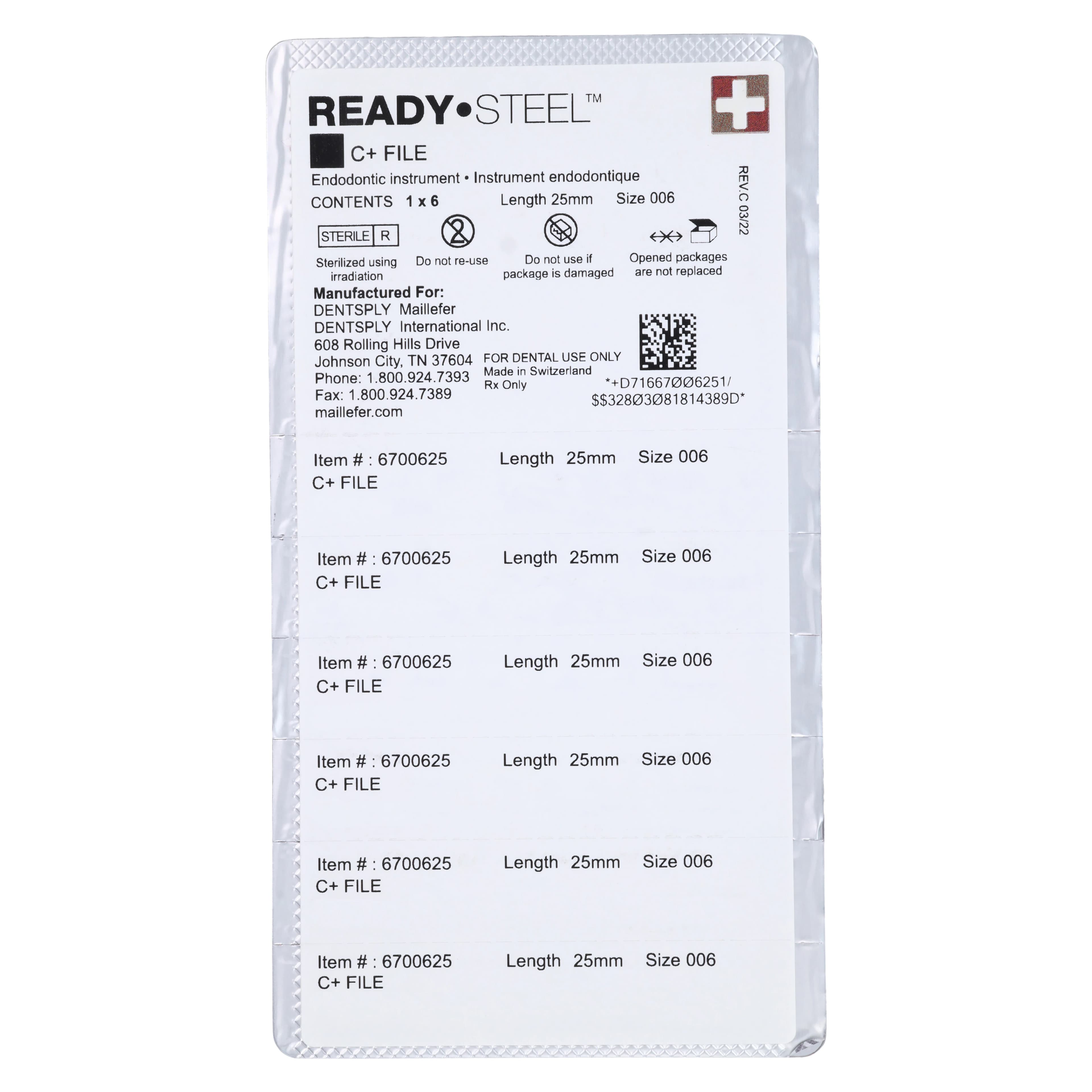 Ready-Steel C+ Stainless Steel Endodontic Hand File, 25 mm, Size #06, Pink, 6/Pk, 6700625 thumbnail 2