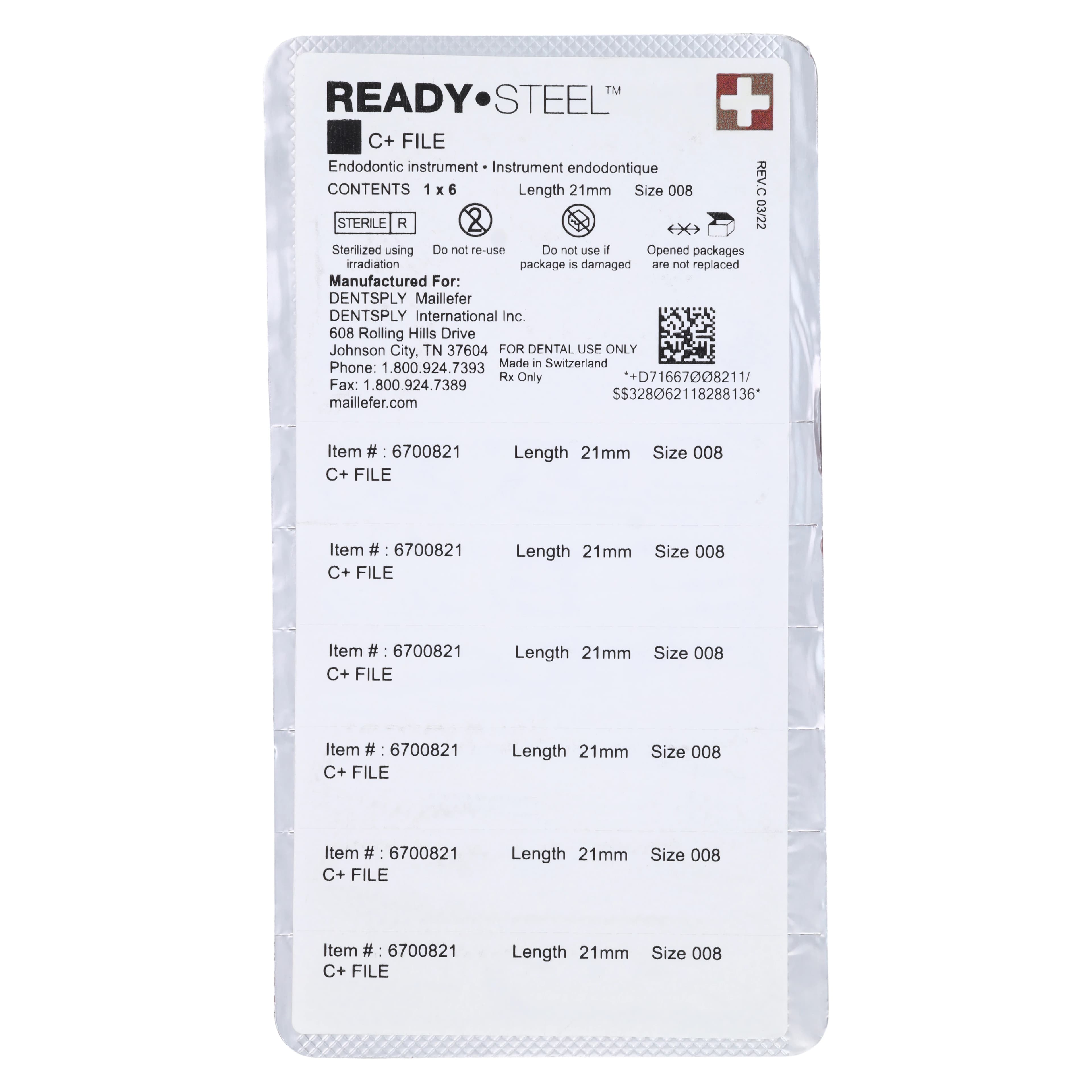 Ready-Steel C+ Stainless Steel Hand File, Size #08, 21 mm, Gray, 6/Pk, 6700821 thumbnail 2
