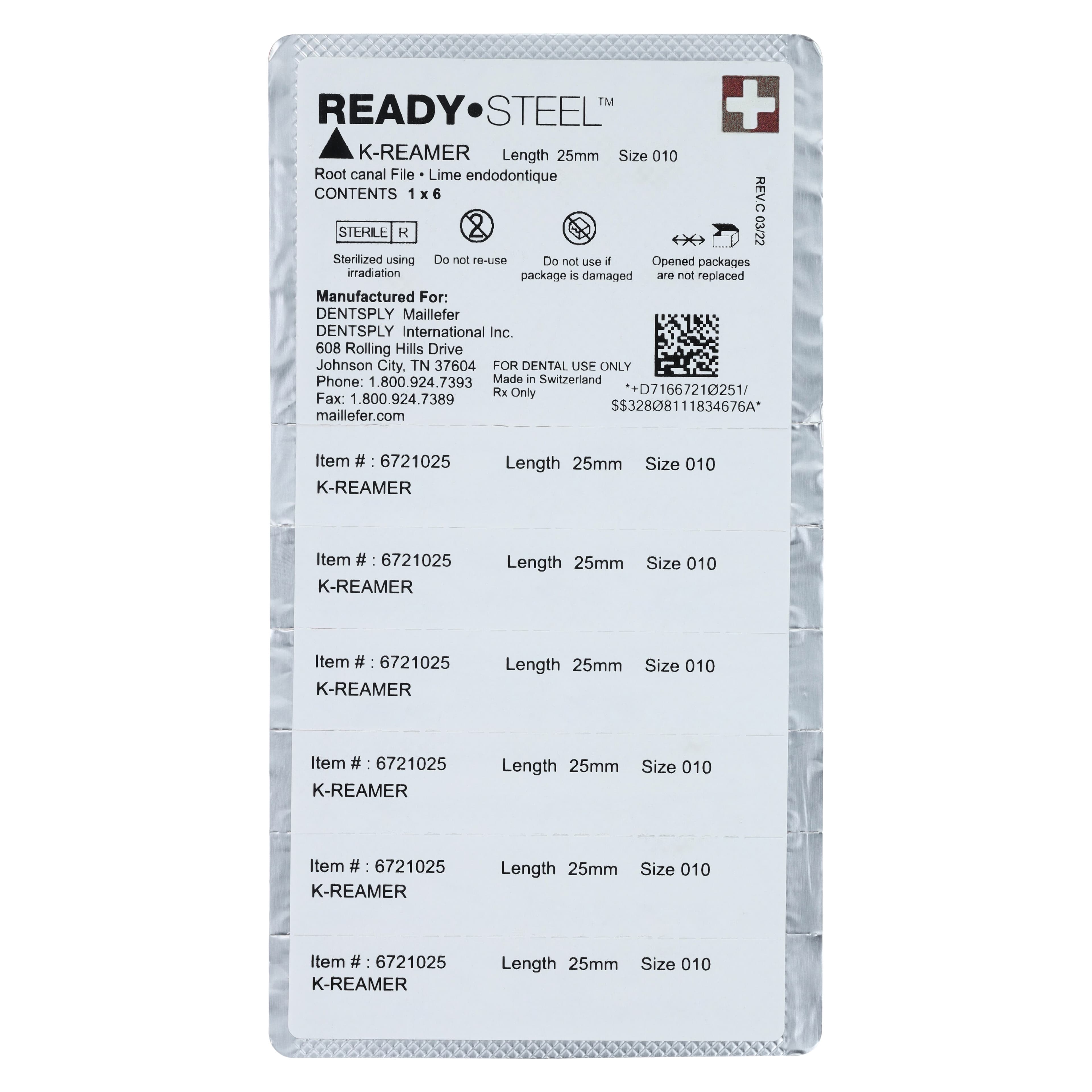 Dentsply Maillefer READYSTEEL K-Reamer, Size #10 (Purple), 25 mm, Stainless Steel, Sterile, Pack of 6, Ref 6721025 thumbnail 2