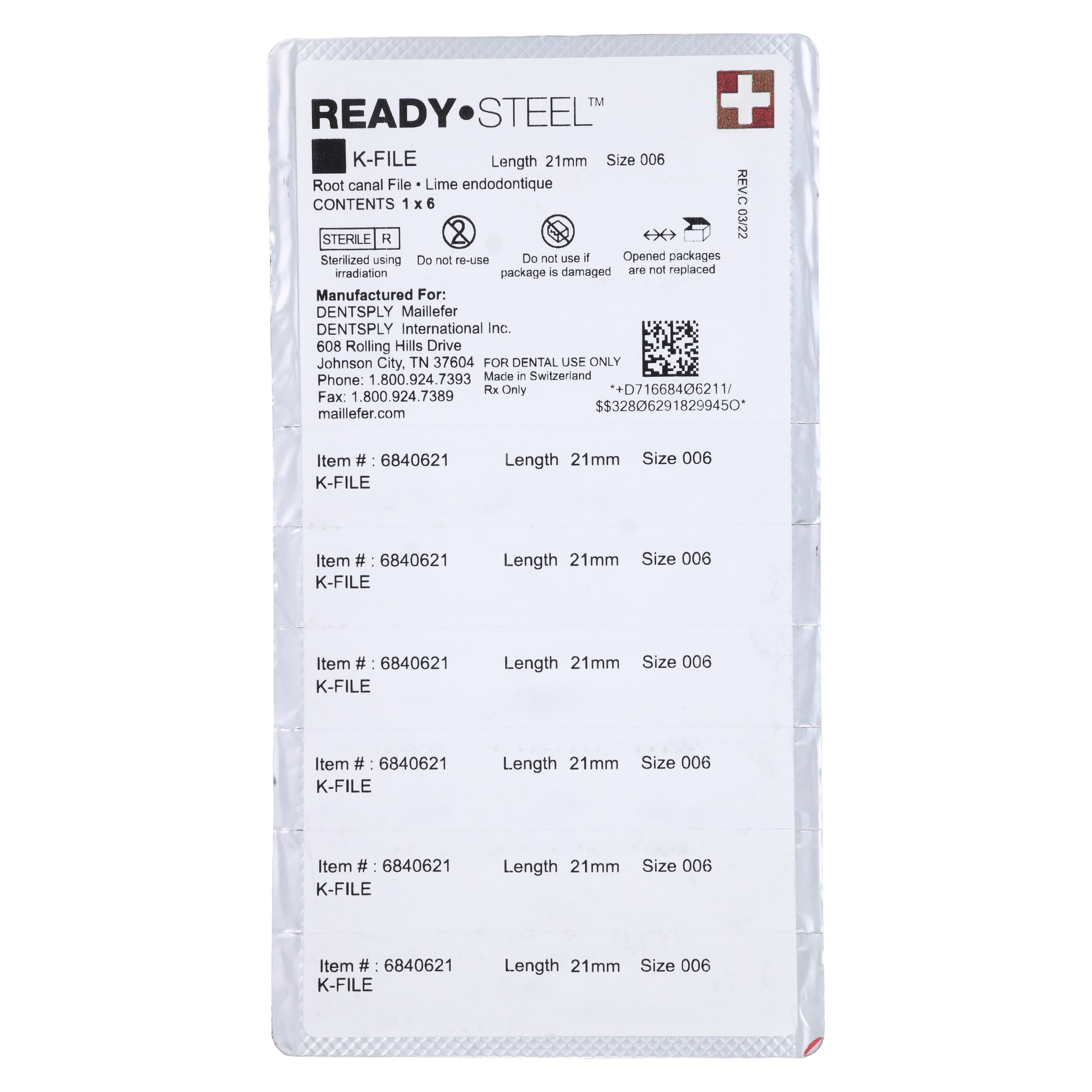 Dentsply Maillefer READYSTEEL K-File, Size #06, 21mm, Sterile, Stainless Steel, 6/Pack, 6840621 thumbnail 3