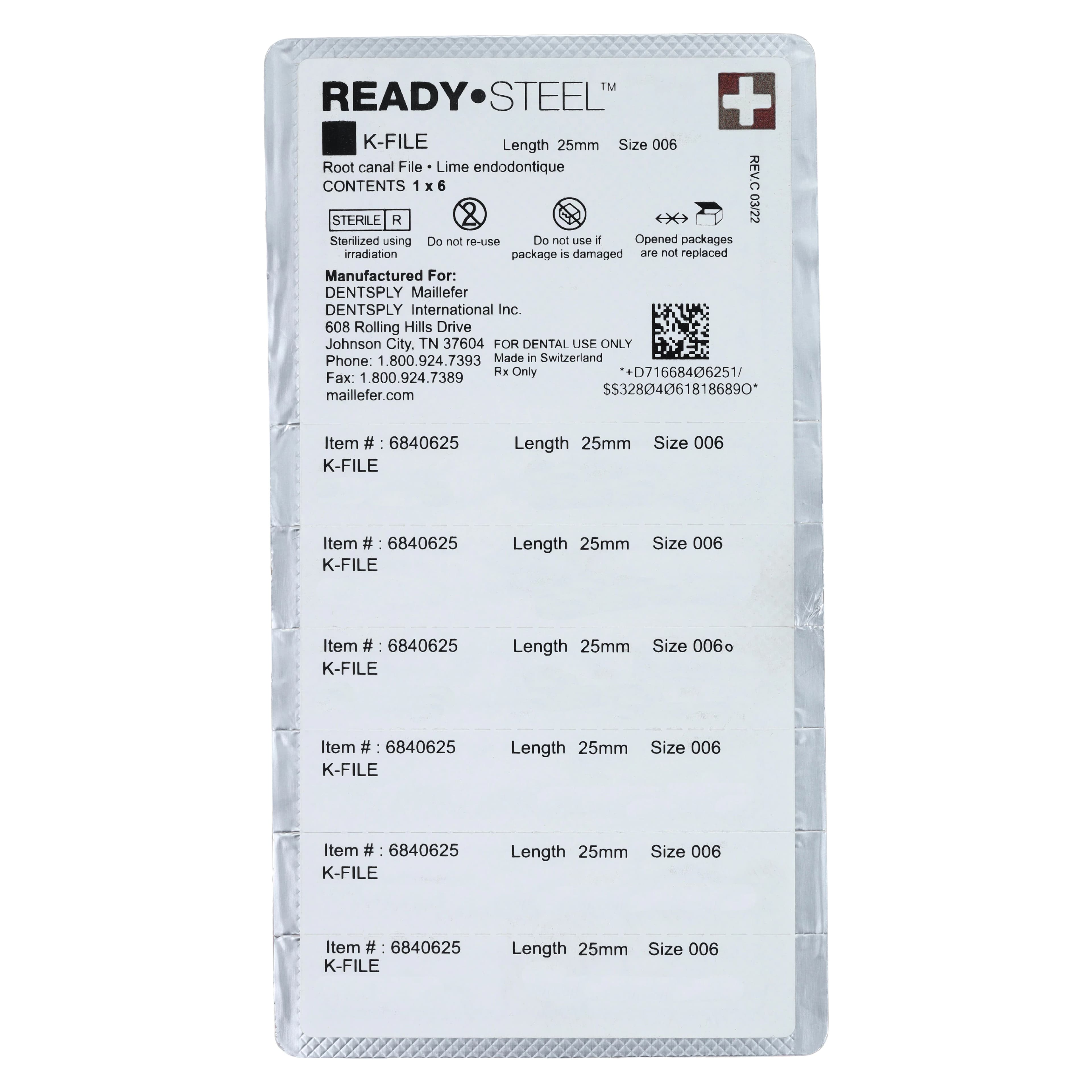 Dentsply Sirona READYSTEEL K-File, Size #06, 25mm, Stainless Steel, Sterile, Pink, 6/Pack, 6840625 thumbnail 2