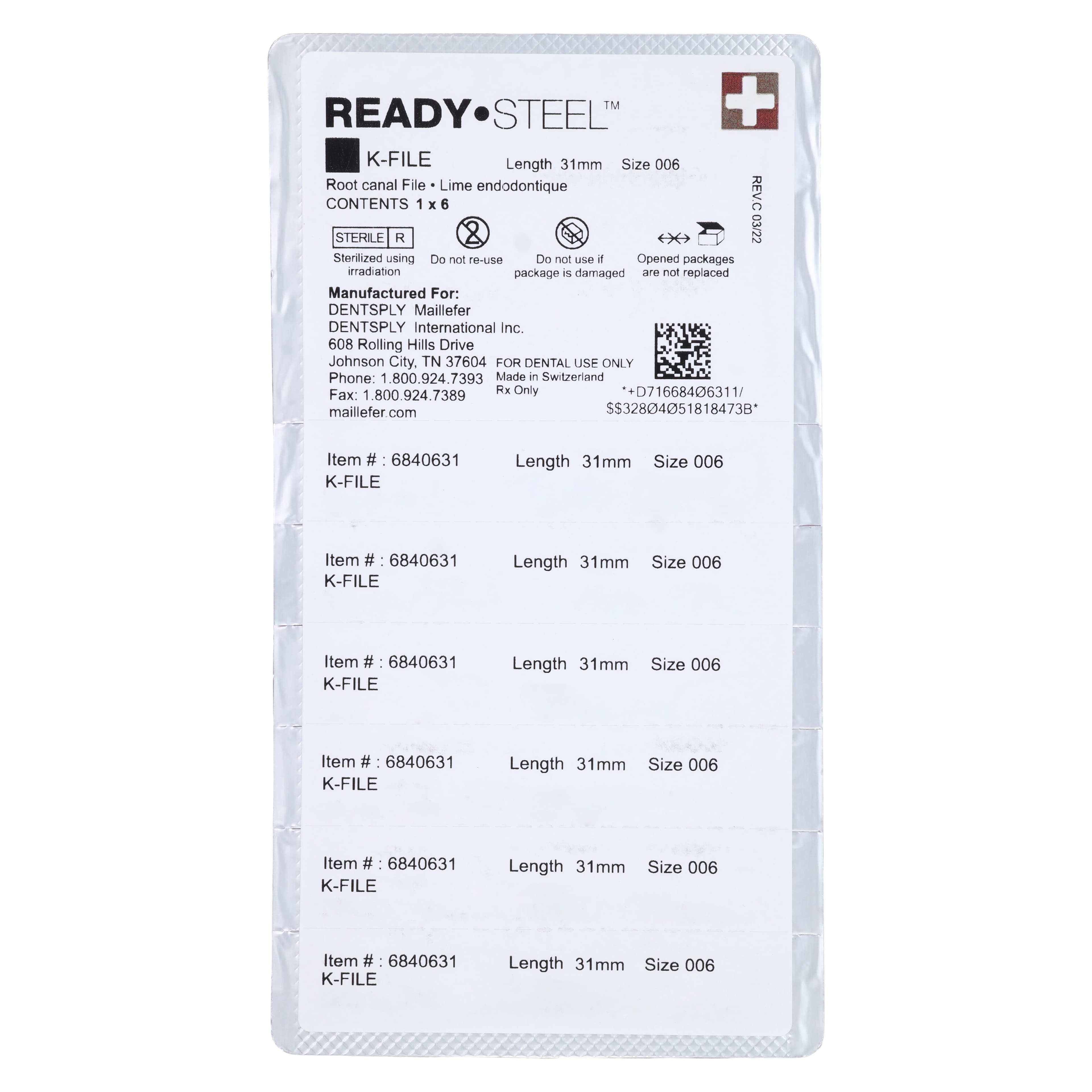 Dentsply Maillefer READYSTEEL K-File, Size #06, 31mm, Sterile, Stainless Steel, Pink, 6/Pack, 6840631 thumbnail 2