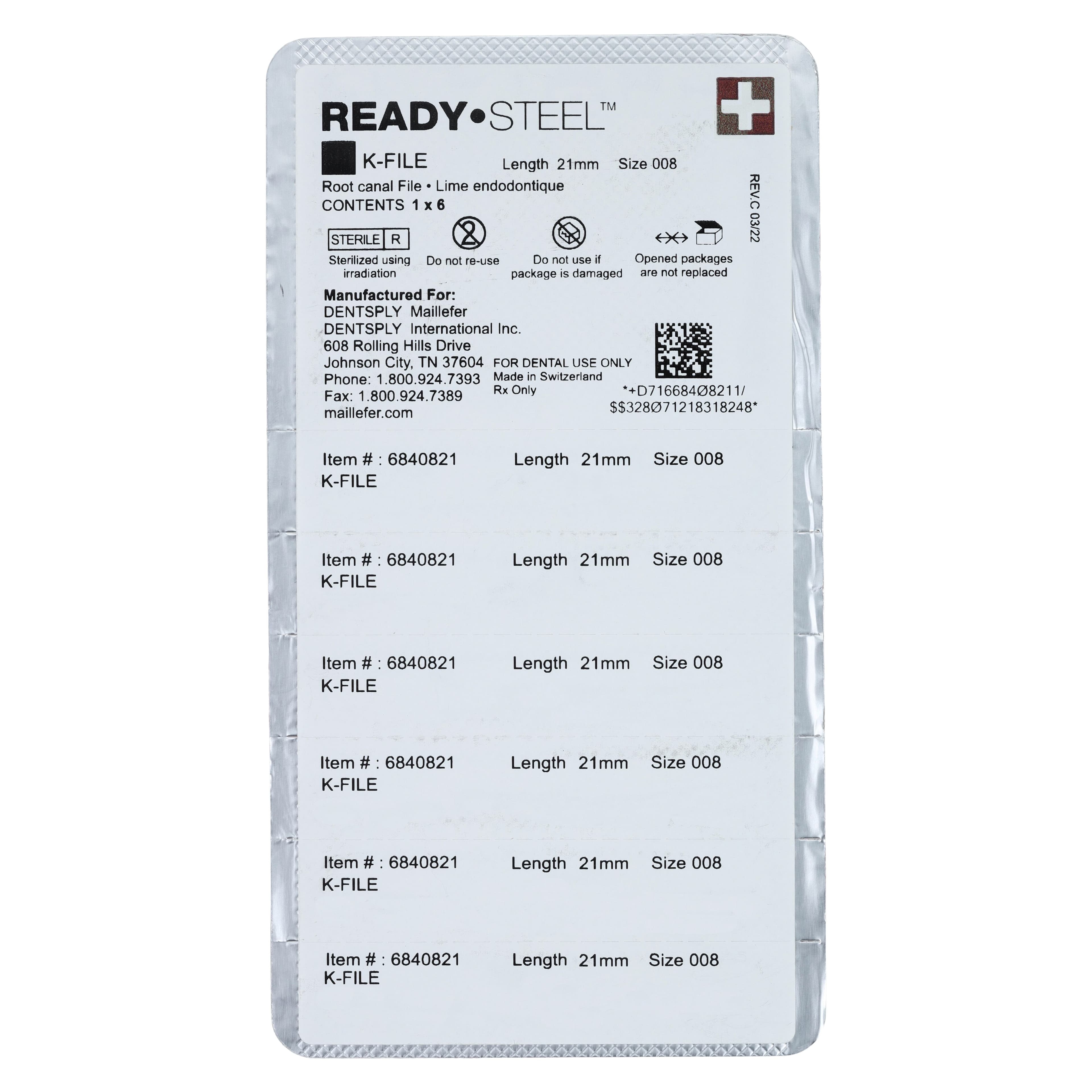 Dentsply Maillefer READYSTEEL K-File, Size #08, 21mm, Gray, Sterile, 6/Pack, 6840821 thumbnail 2