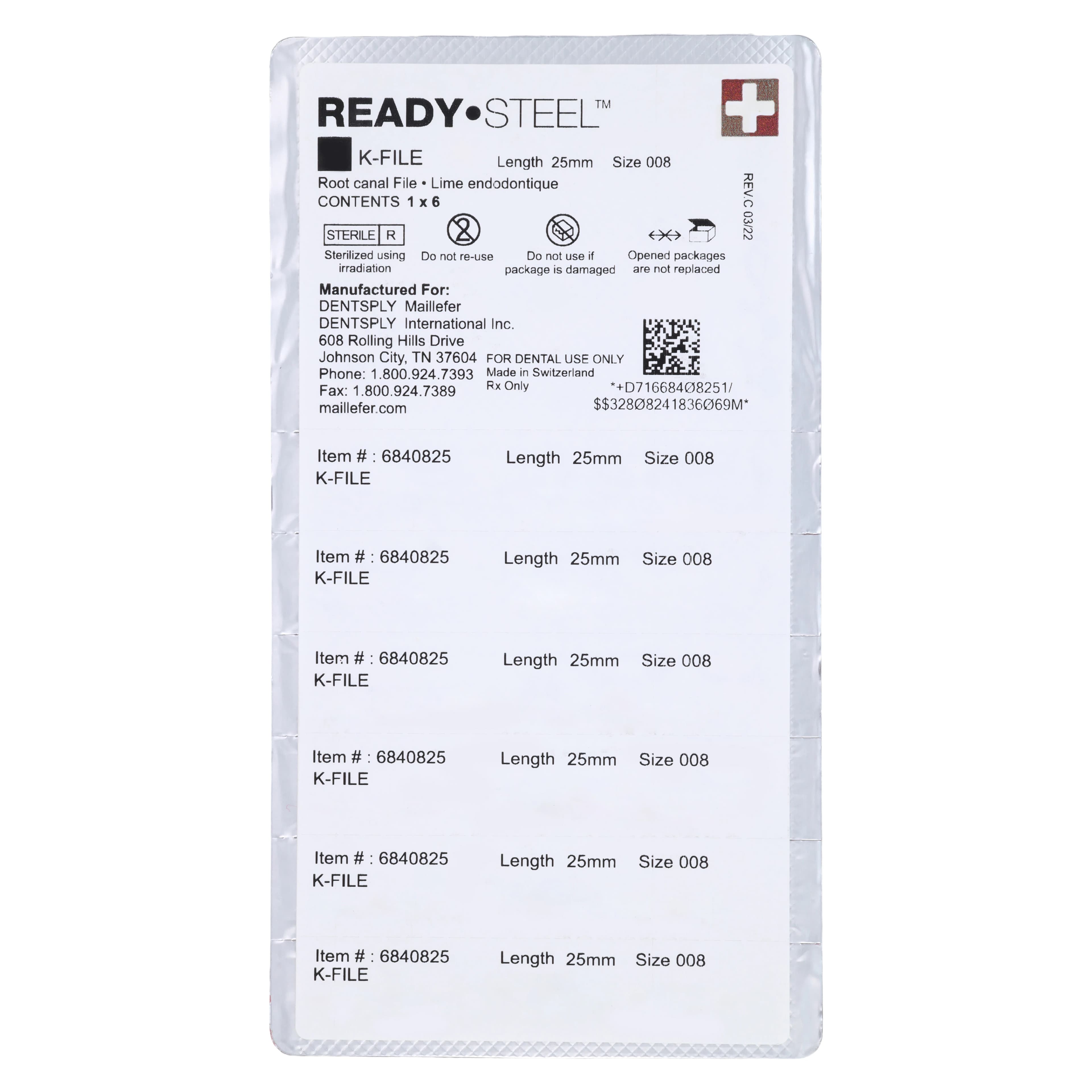 Dentsply Maillefer READYSTEEL K-File, Size #08, 25mm, Gray, Sterile, 6/Pack, 6840825 thumbnail 2
