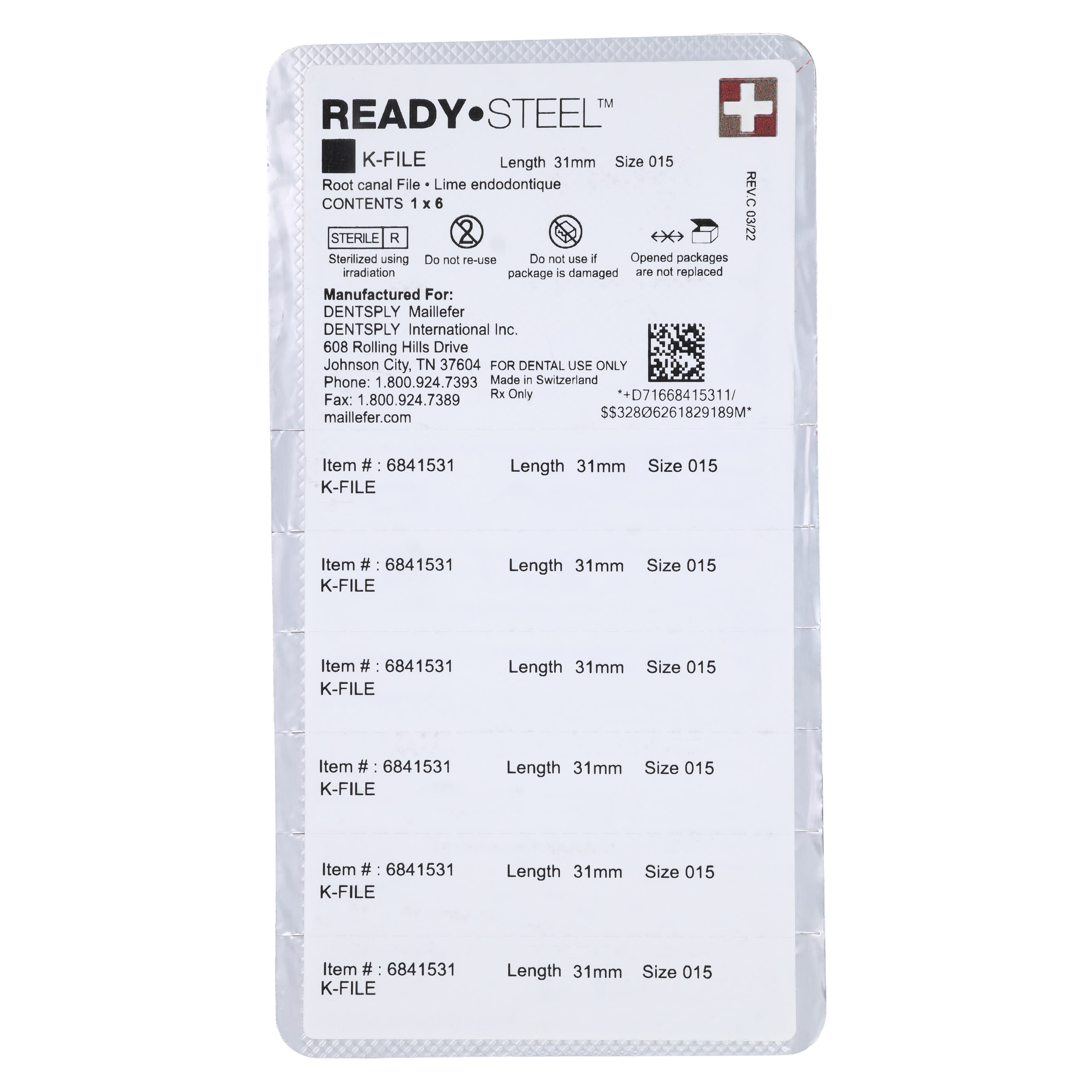 Dentsply Maillefer READYSTEEL K-File, Size #15, 31mm, White, Sterile, 6/Pack, 6841531 thumbnail 2