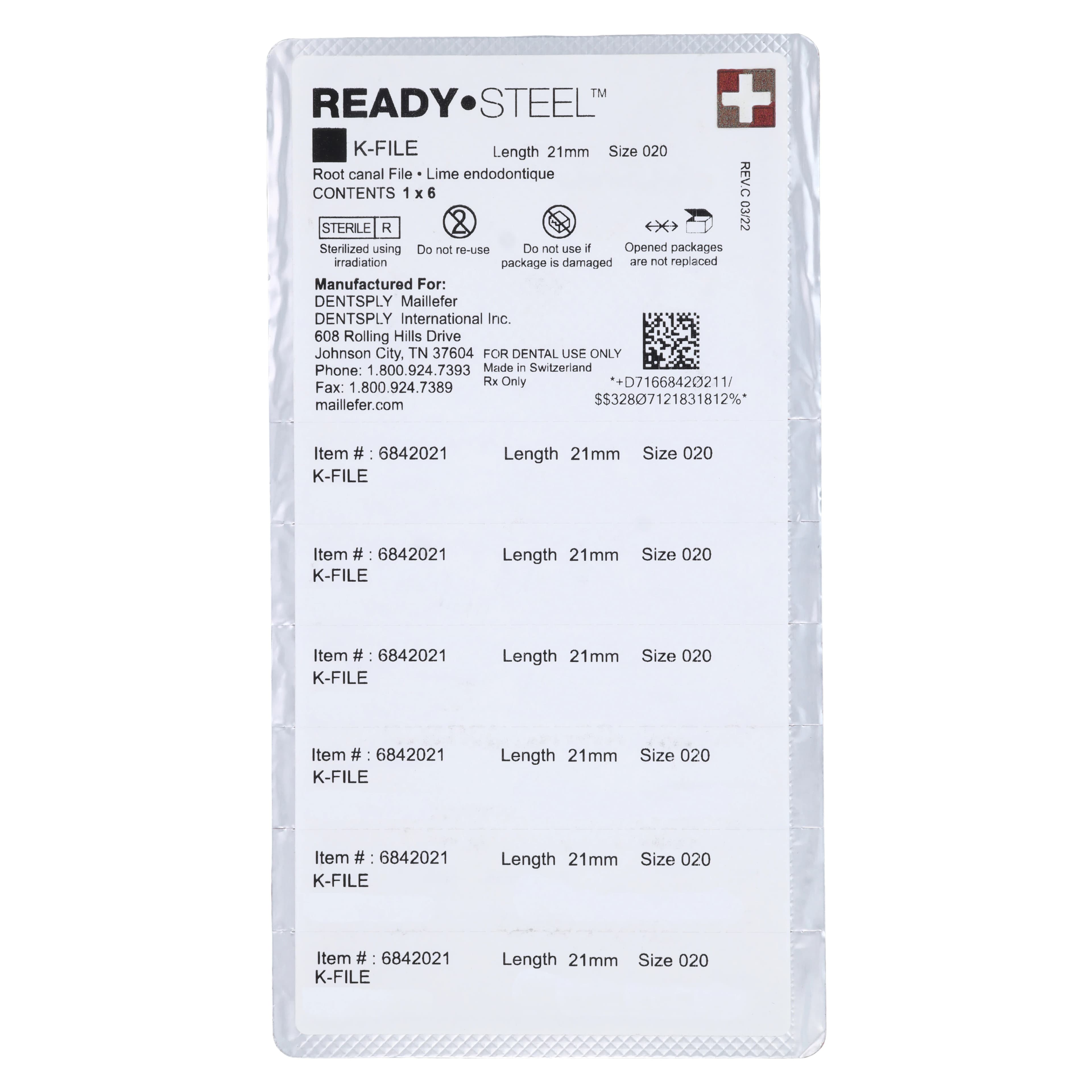 Dentsply Maillefer READYSTEEL K-File, Size #20, 21mm, Yellow, Sterile, 6/Pack, 6842021 thumbnail 2