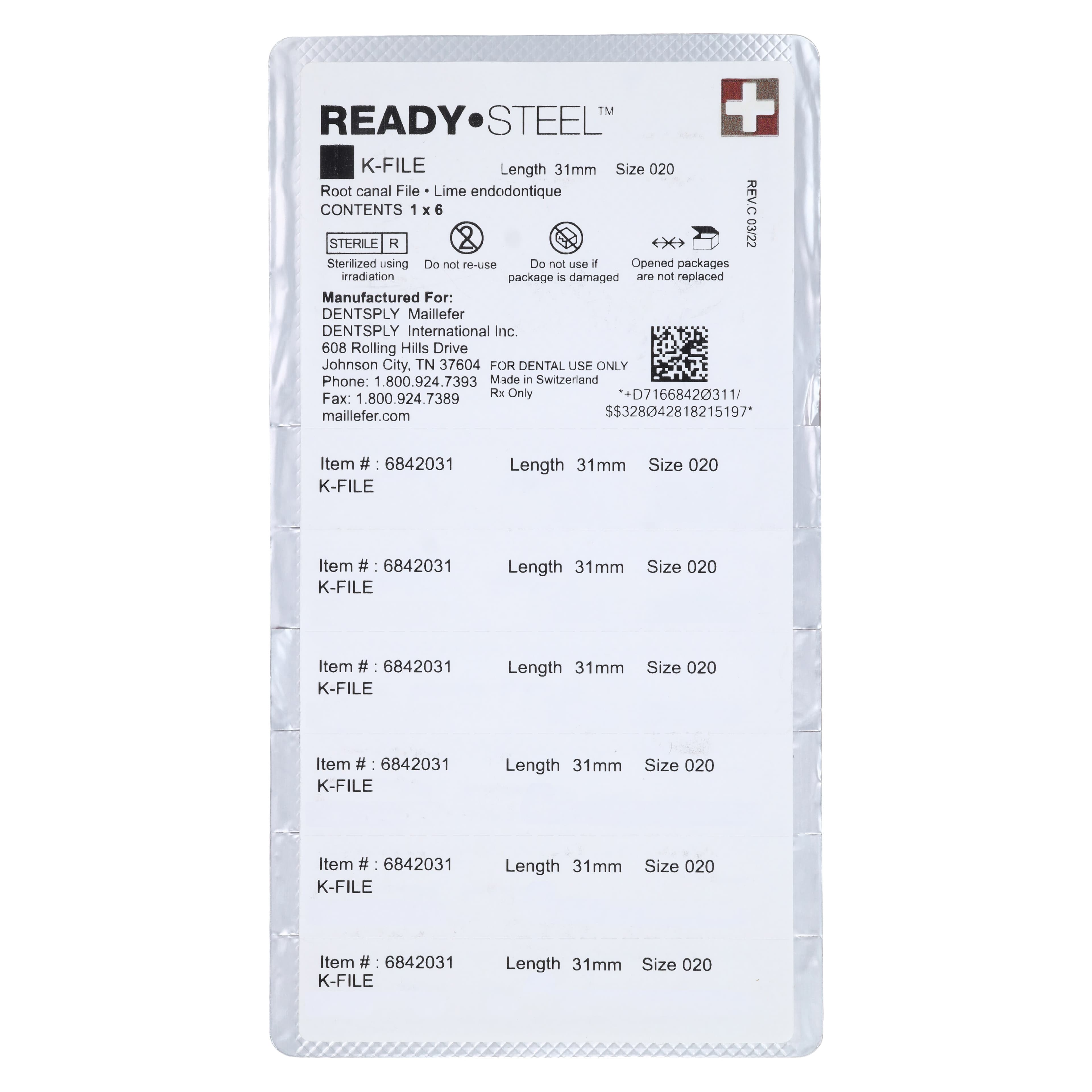 Dentsply Maillefer READYSTEEL K-File, Size #20, 31mm, Yellow, Sterile, 6/Pack, 6842031 thumbnail 2