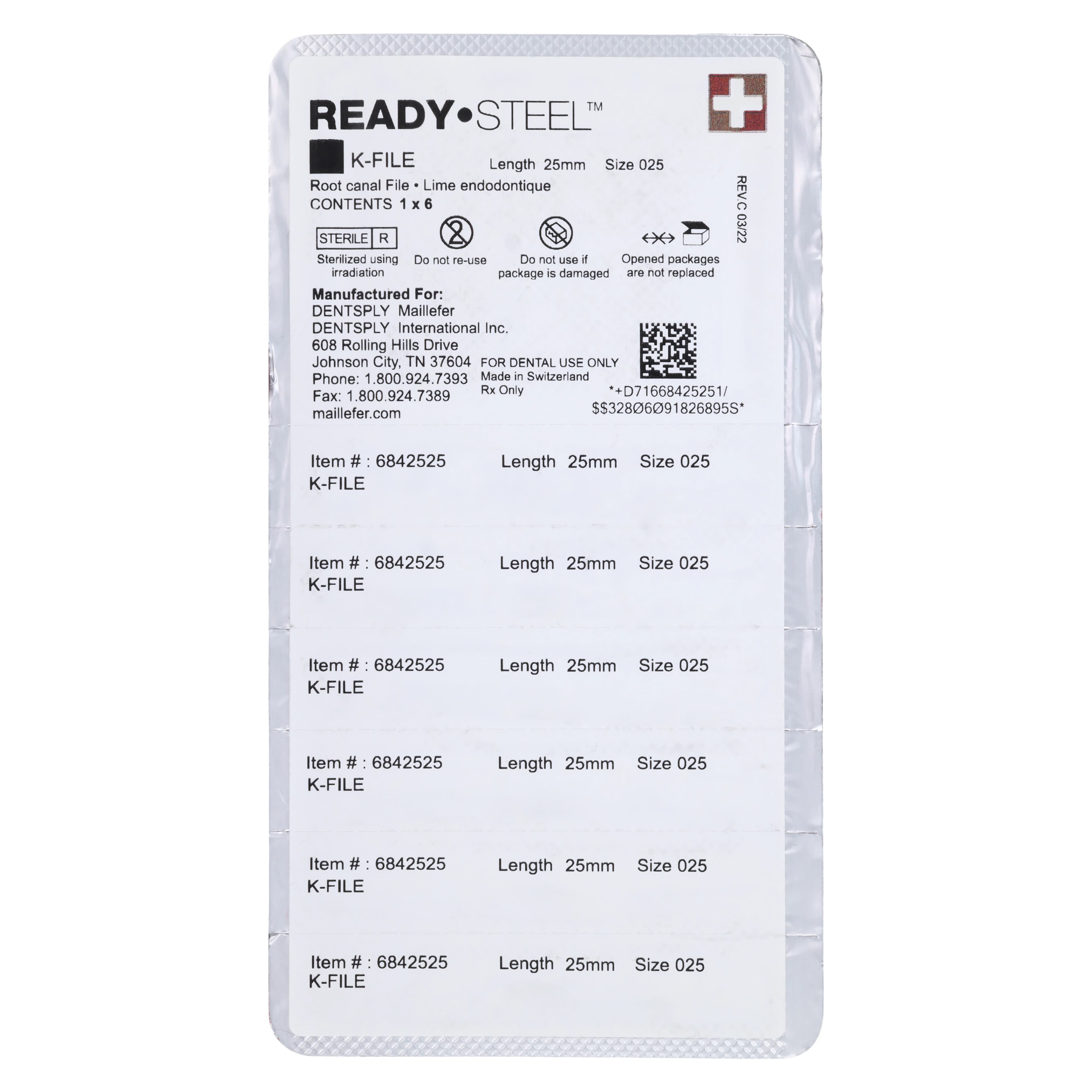 Dentsply Sirona Maillefer READYSTEEL K-File, Size #25, 25mm, Red, Sterile, 6/Pack, 6842525 thumbnail 2