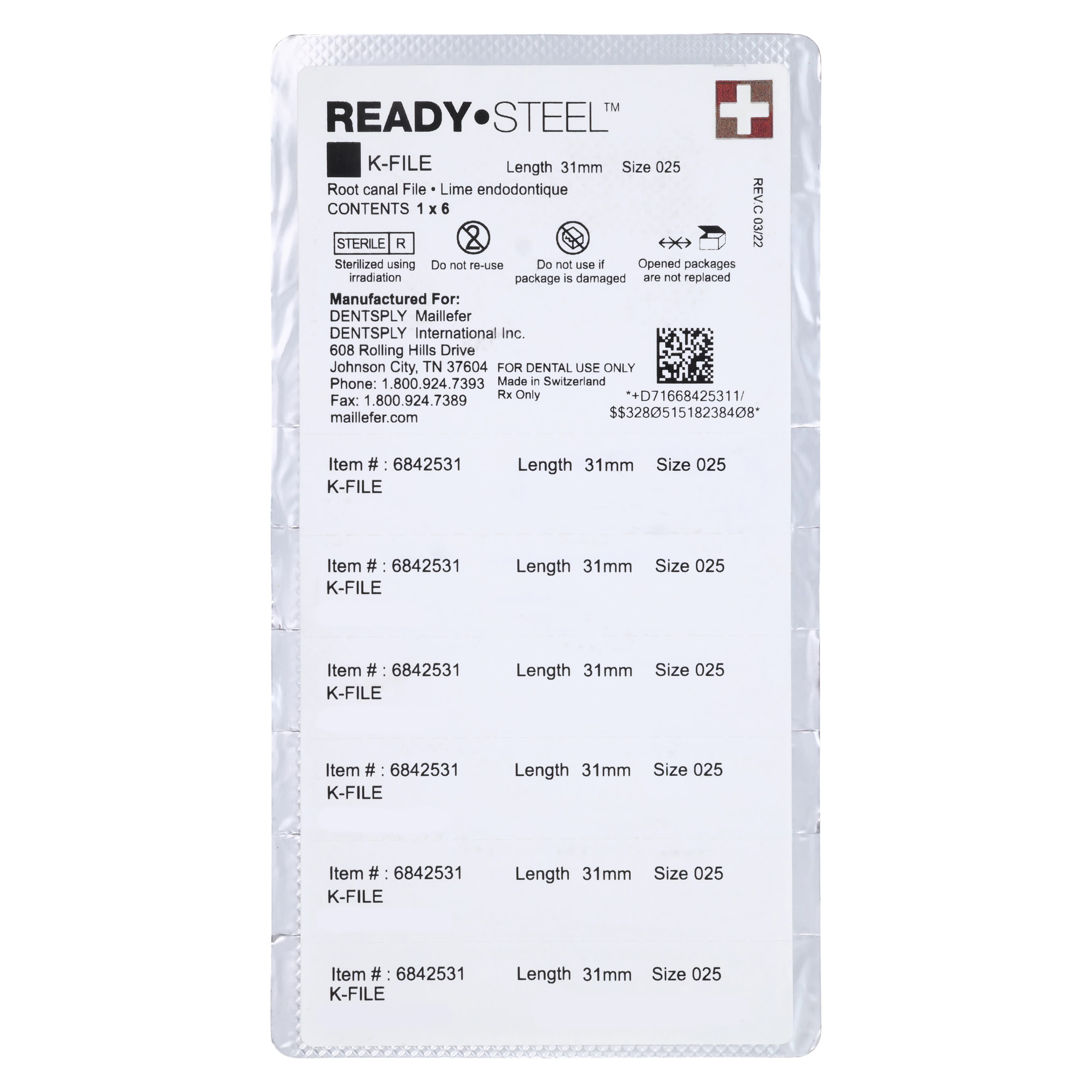 Dentsply Maillefer READYSTEEL K-File, Size #25, 31mm, Red, Sterile, 6/Pack, 6842531 thumbnail 2