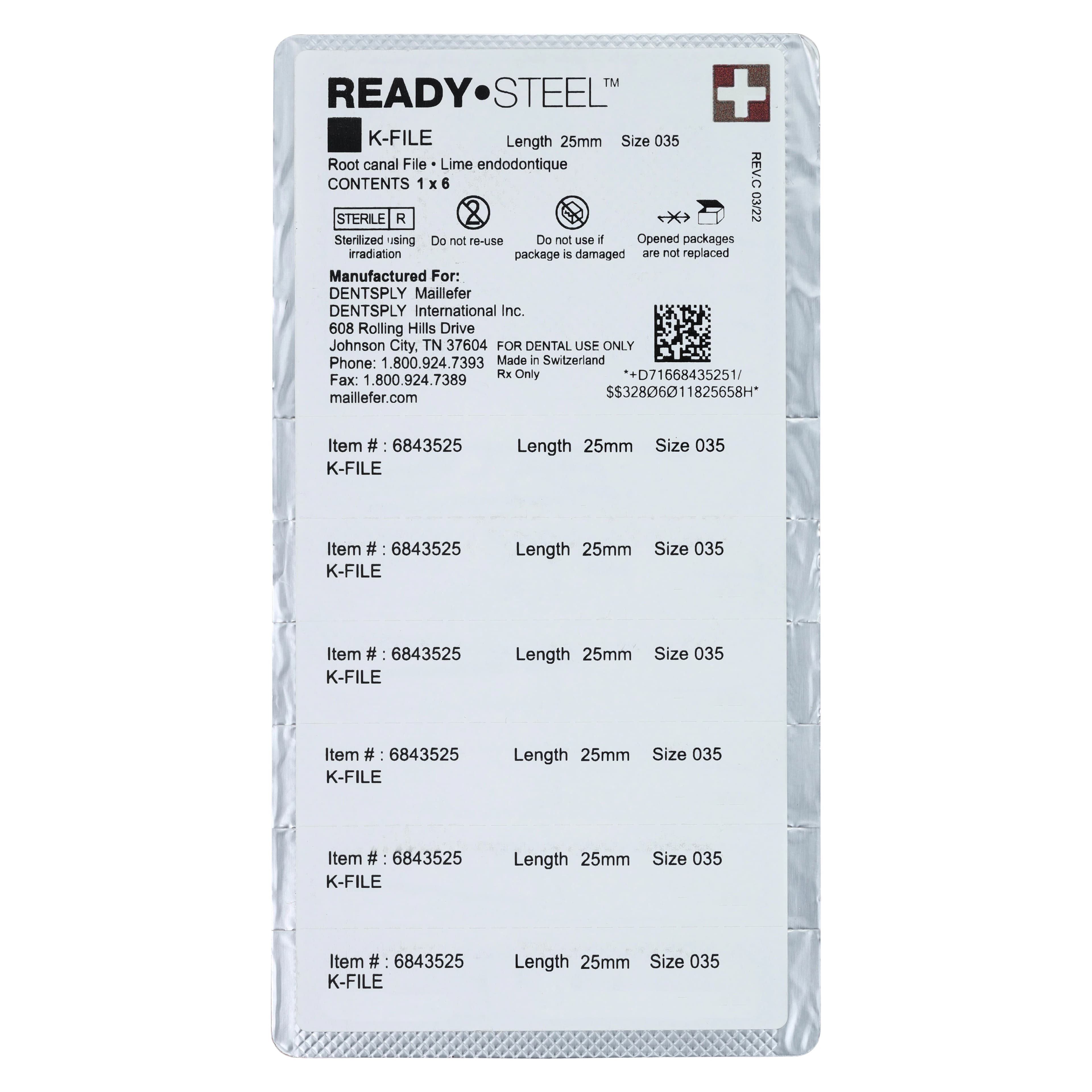 Dentsply Maillefer READYSTEEL K-File, Size #35, 25 mm, Green, Sterile, 6/Pack, 6843525 thumbnail 2