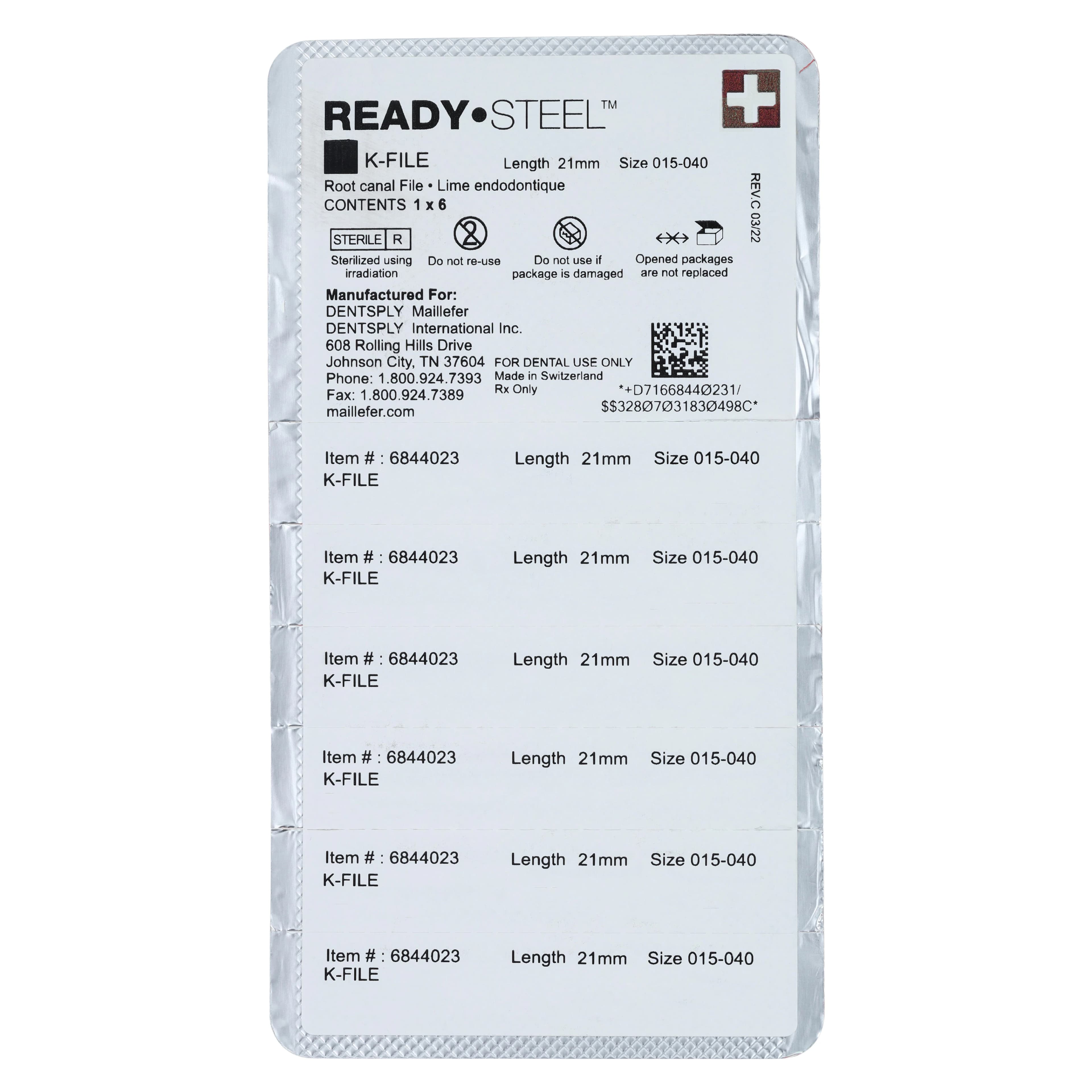 Dentsply Maillefer READYSTEEL K-File, Stainless Steel, Sterile, 21mm, #15-40 Assorted, 6/Pack, 6844023 thumbnail 2